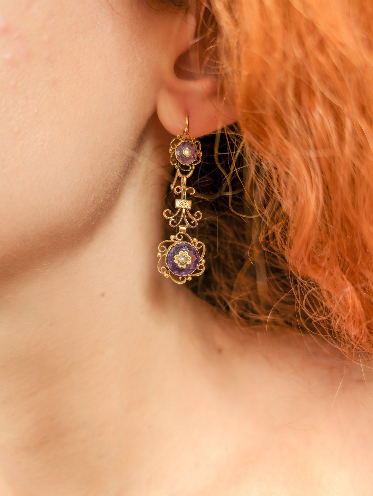 18K Gold Victorian Amethyst Dangle Earrings with Pearl