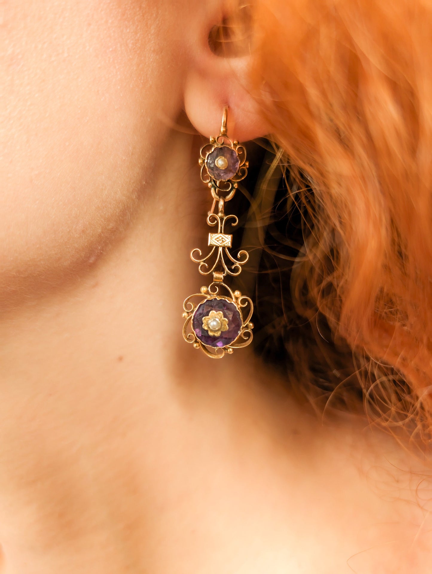 18K Gold Victorian Amethyst Dangle Earrings with Pearl