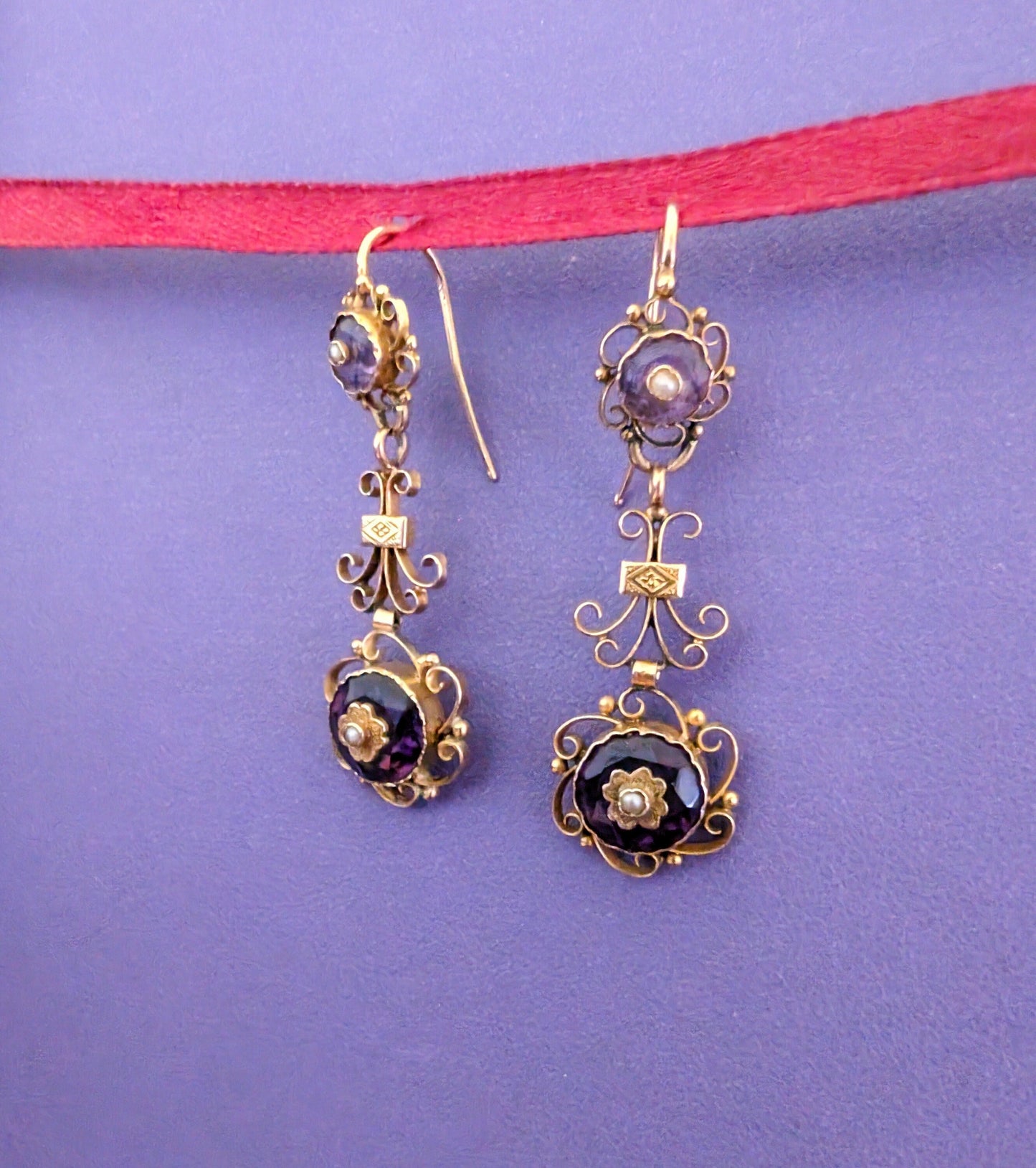 18K Gold Victorian Amethyst Dangle Earrings with Pearl
