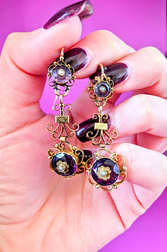 18K Gold Victorian Amethyst Dangle Earrings with Pearl