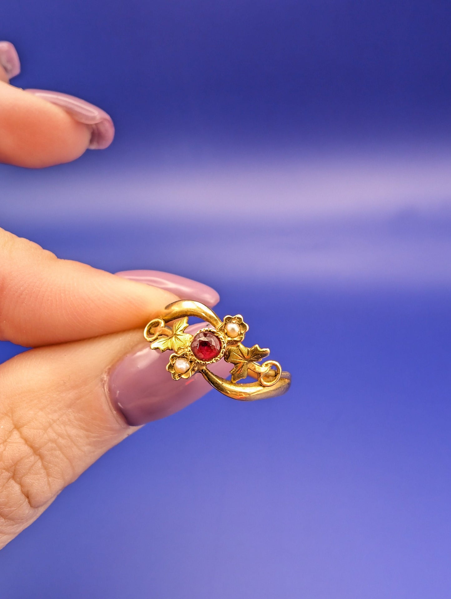 18K Gold Art Nouveau Ring: Antique French Ruby Pearl Ring