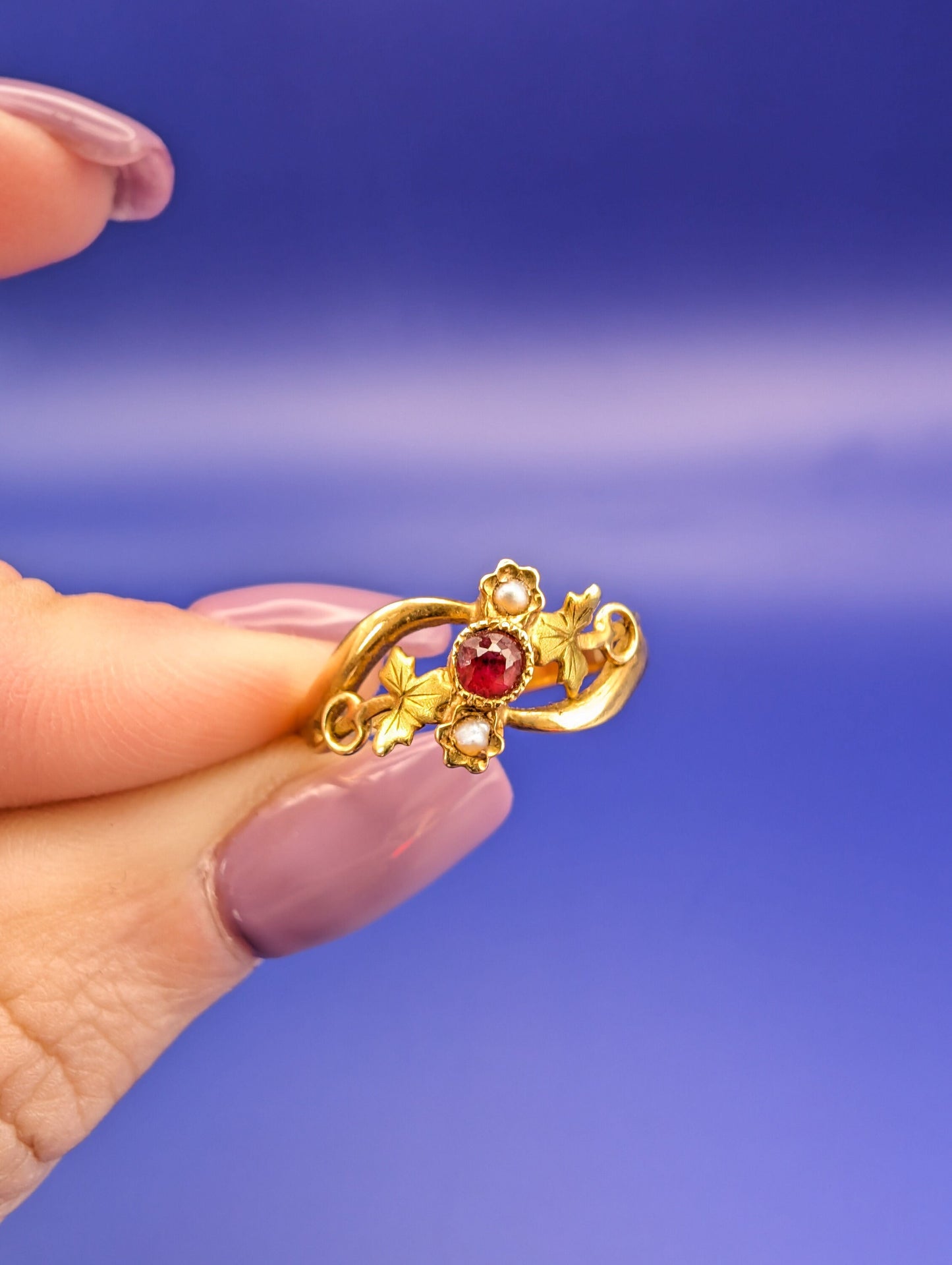 18K Gold Art Nouveau Ring: Antique French Ruby Pearl Ring
