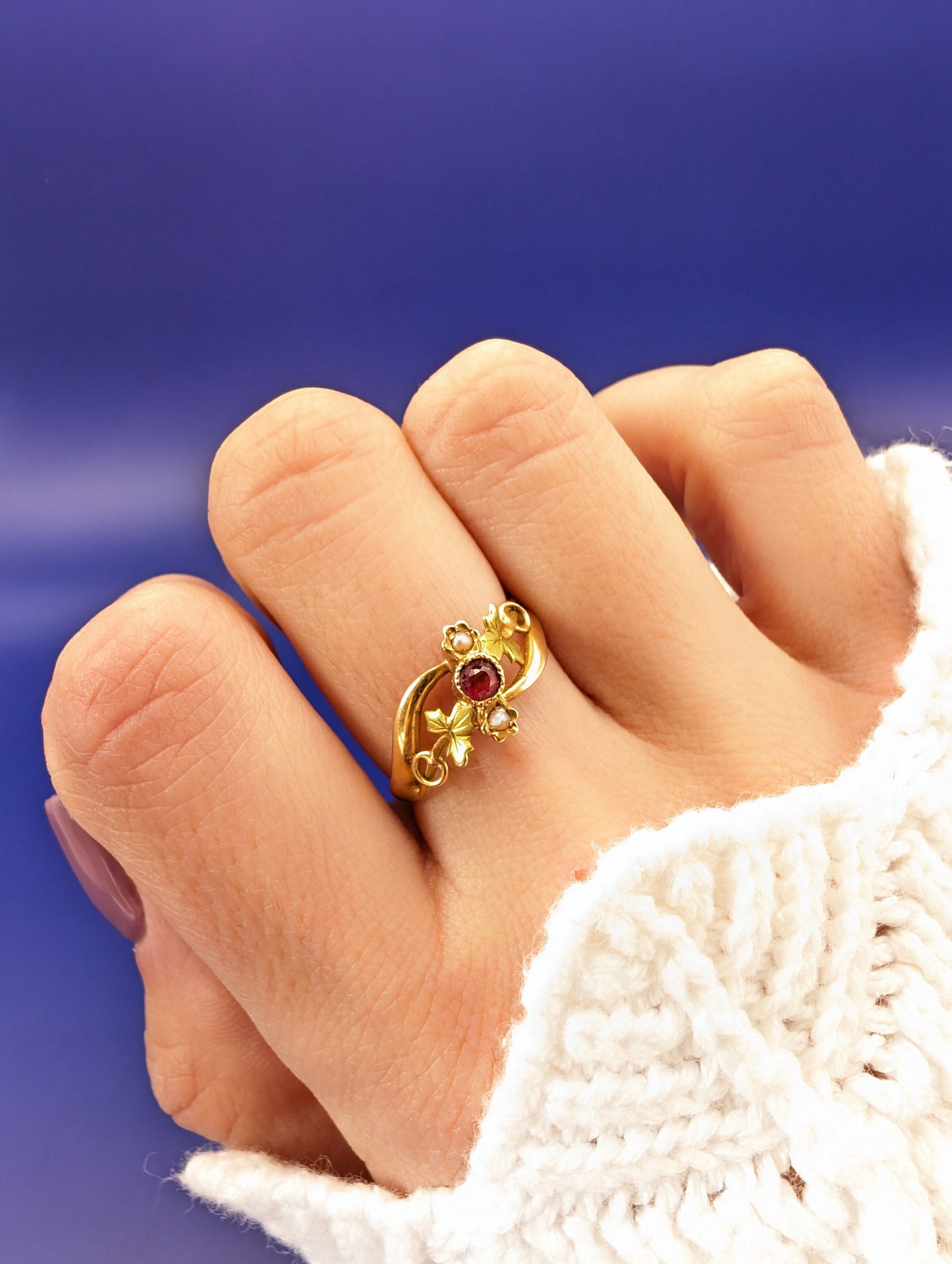 18K Gold Art Nouveau Ring: Antique French Ruby Pearl Ring
