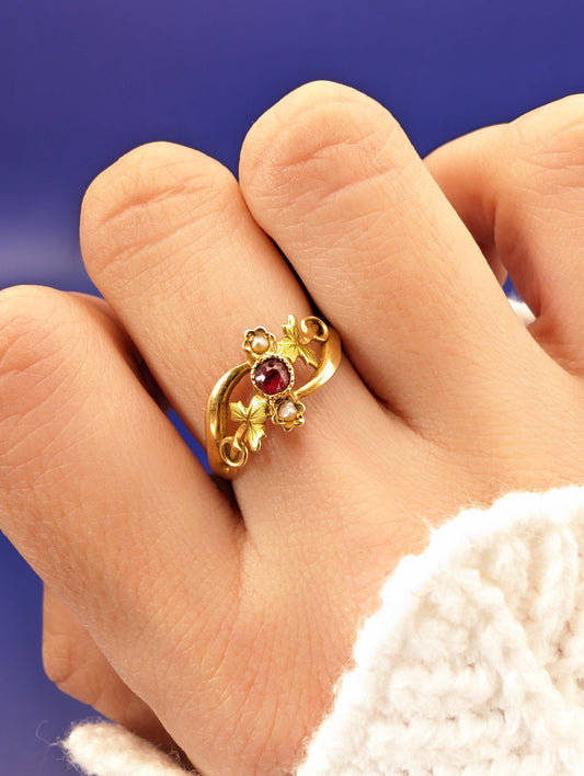 18K Gold Art Nouveau Ring: Antique French Ruby Pearl Ring