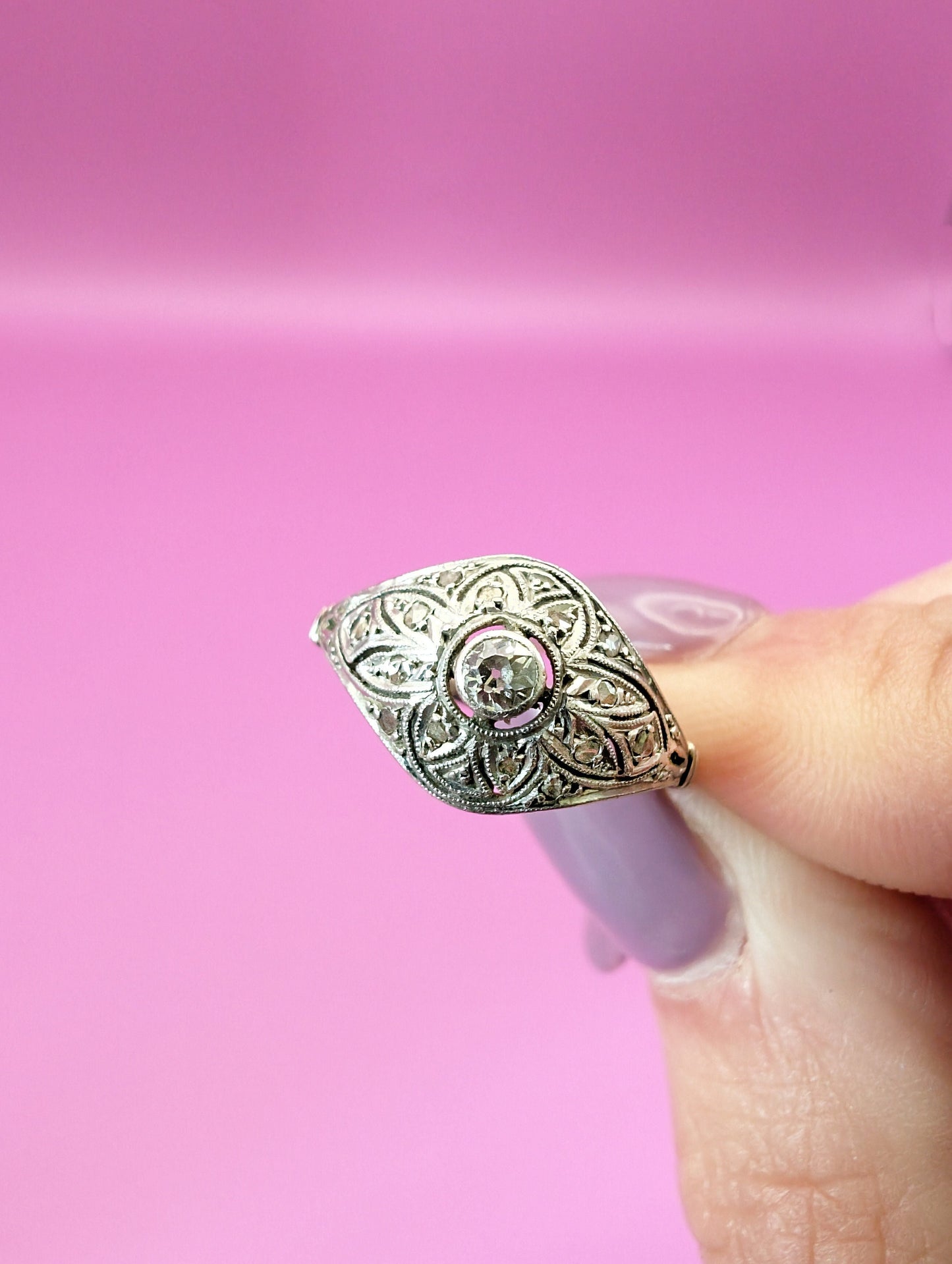 Art Deco Diamond Engagement Ring: 18K White Gold & Platinum, 1920s French Vintage