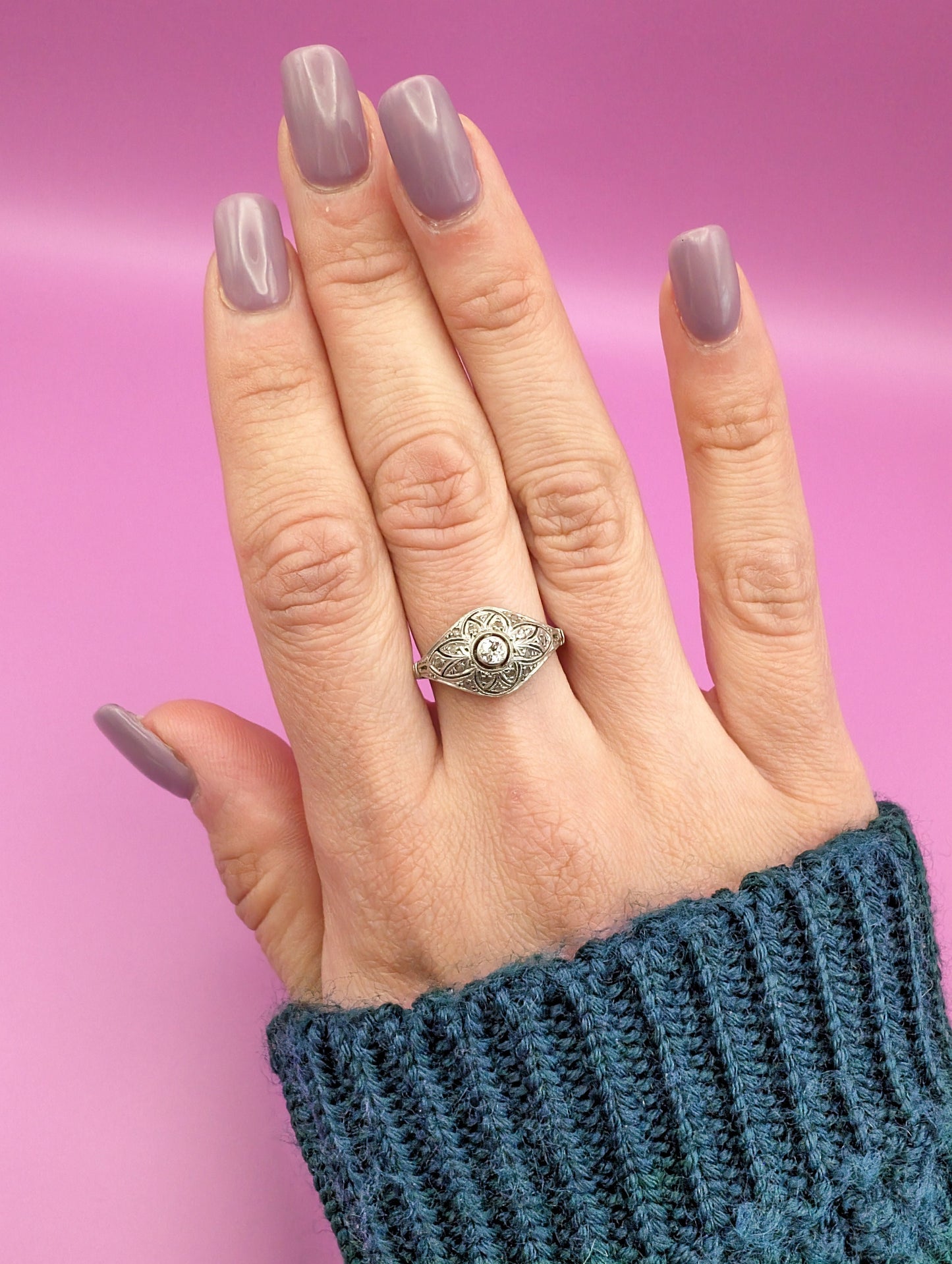 Art Deco Diamond Engagement Ring: 18K White Gold & Platinum, 1920s French Vintage