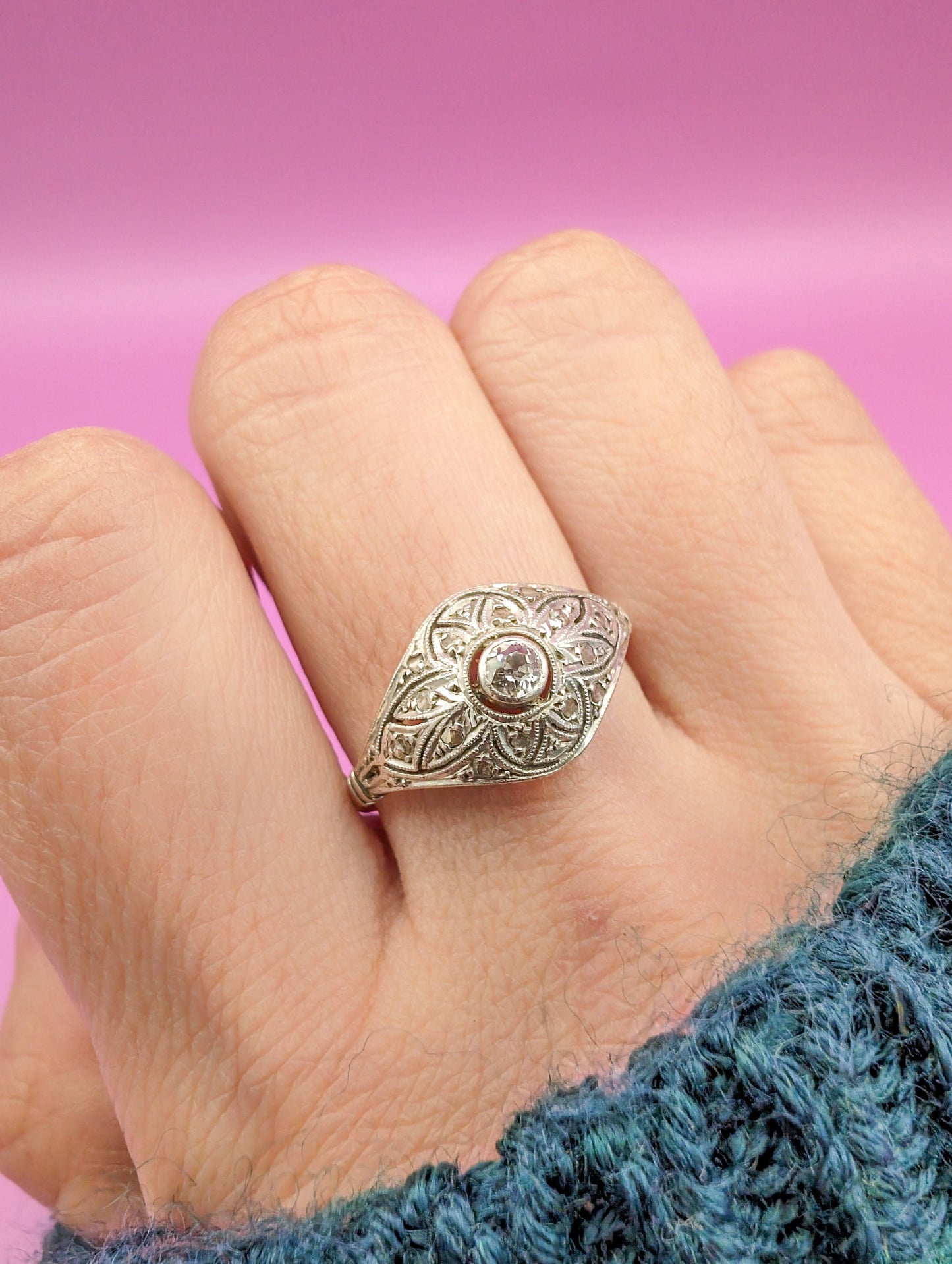 Art Deco Diamond Engagement Ring: 18K White Gold & Platinum, 1920s French Vintage