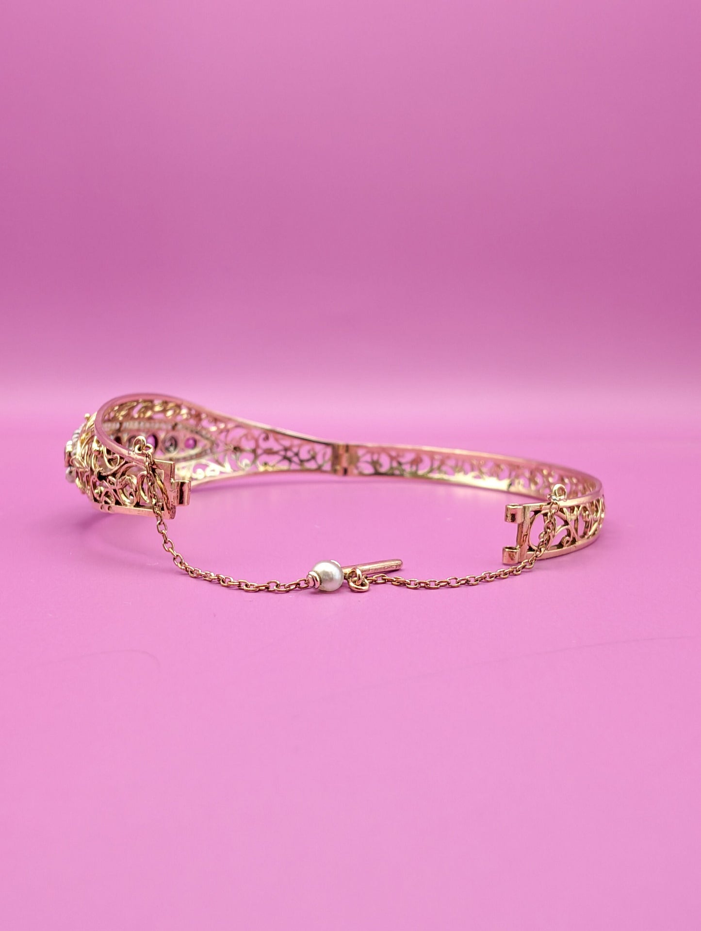 Antique 18K Gold Diamond & Pearl Bangle Bracelet, Belle Epoque French Jewelry