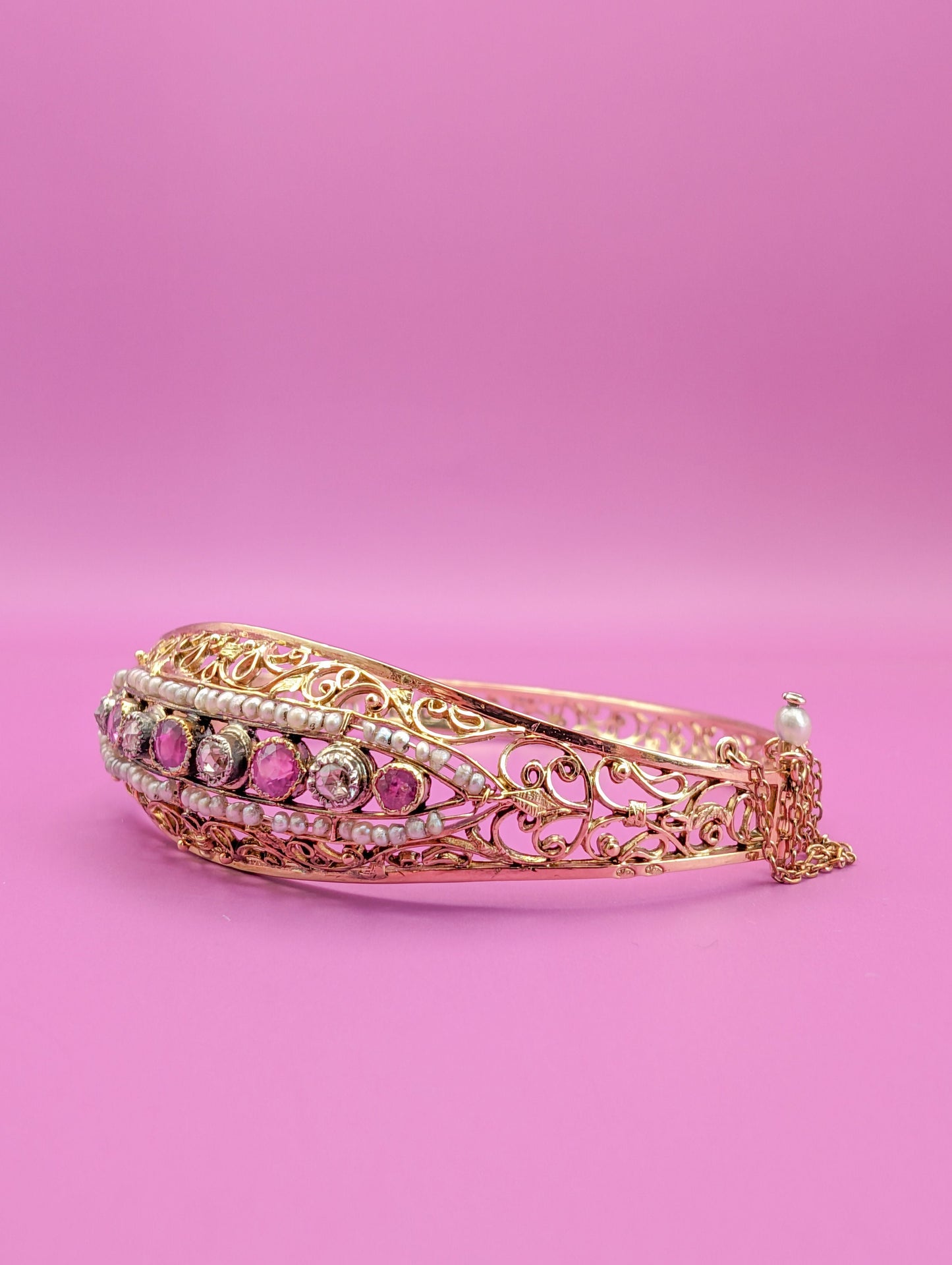 Antique 18K Gold Diamond & Pearl Bangle Bracelet, Belle Epoque French Jewelry