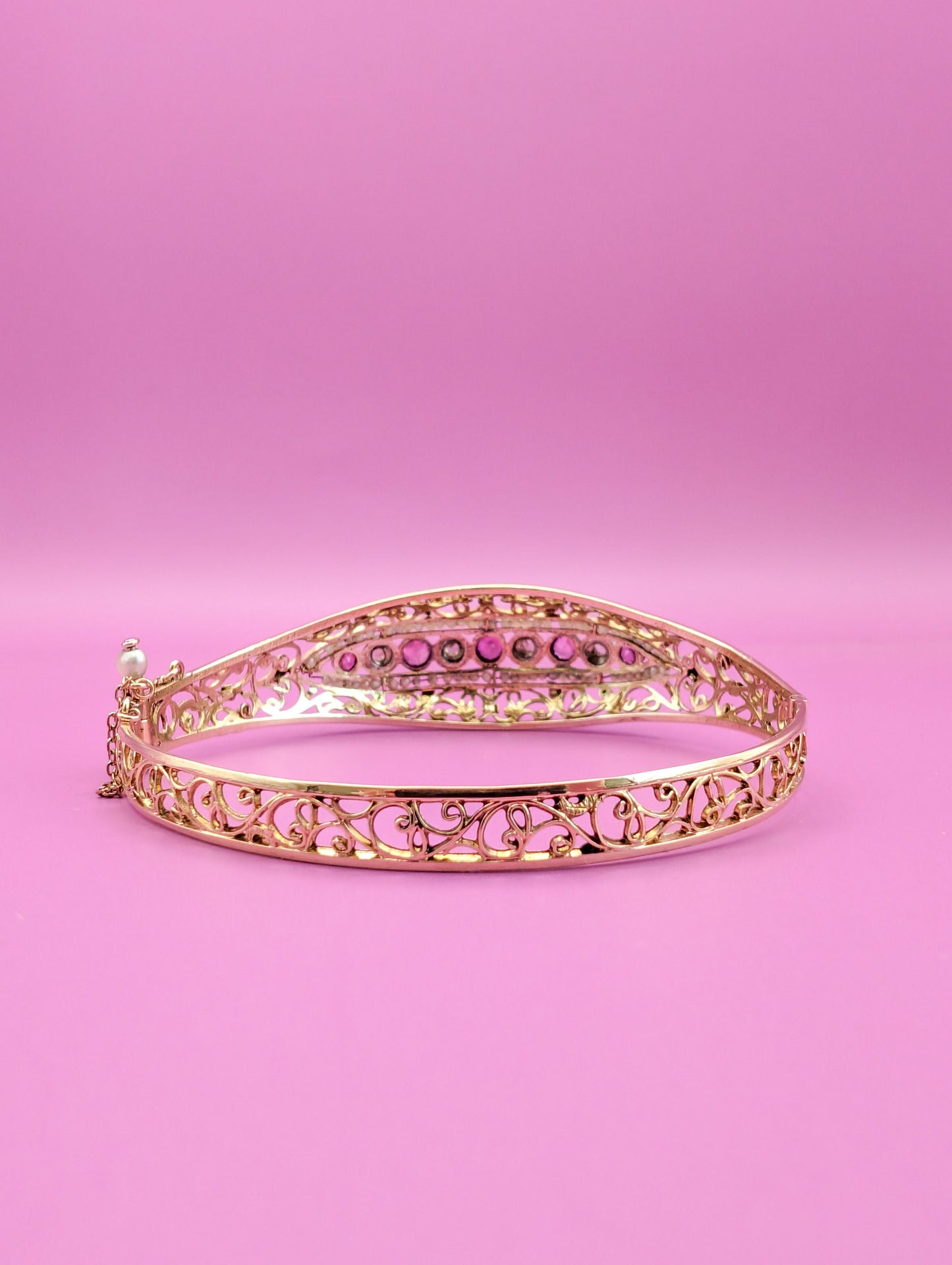 Antique 18K Gold Diamond & Pearl Bangle Bracelet, Belle Epoque French Jewelry