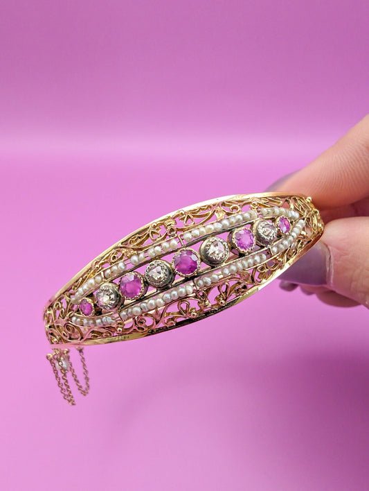 Antique 18K Gold Diamond & Pearl Bangle Bracelet, Belle Epoque French Jewelry