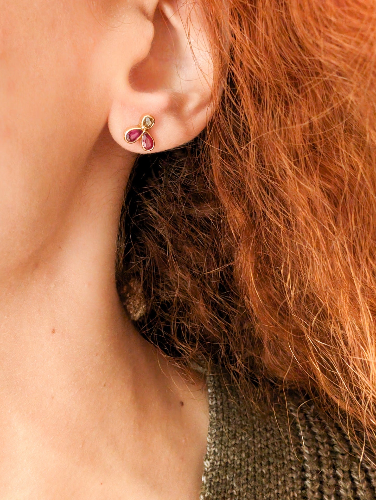 Vintage 18k Gold Ruby &amp; Diamond Stud Earrings