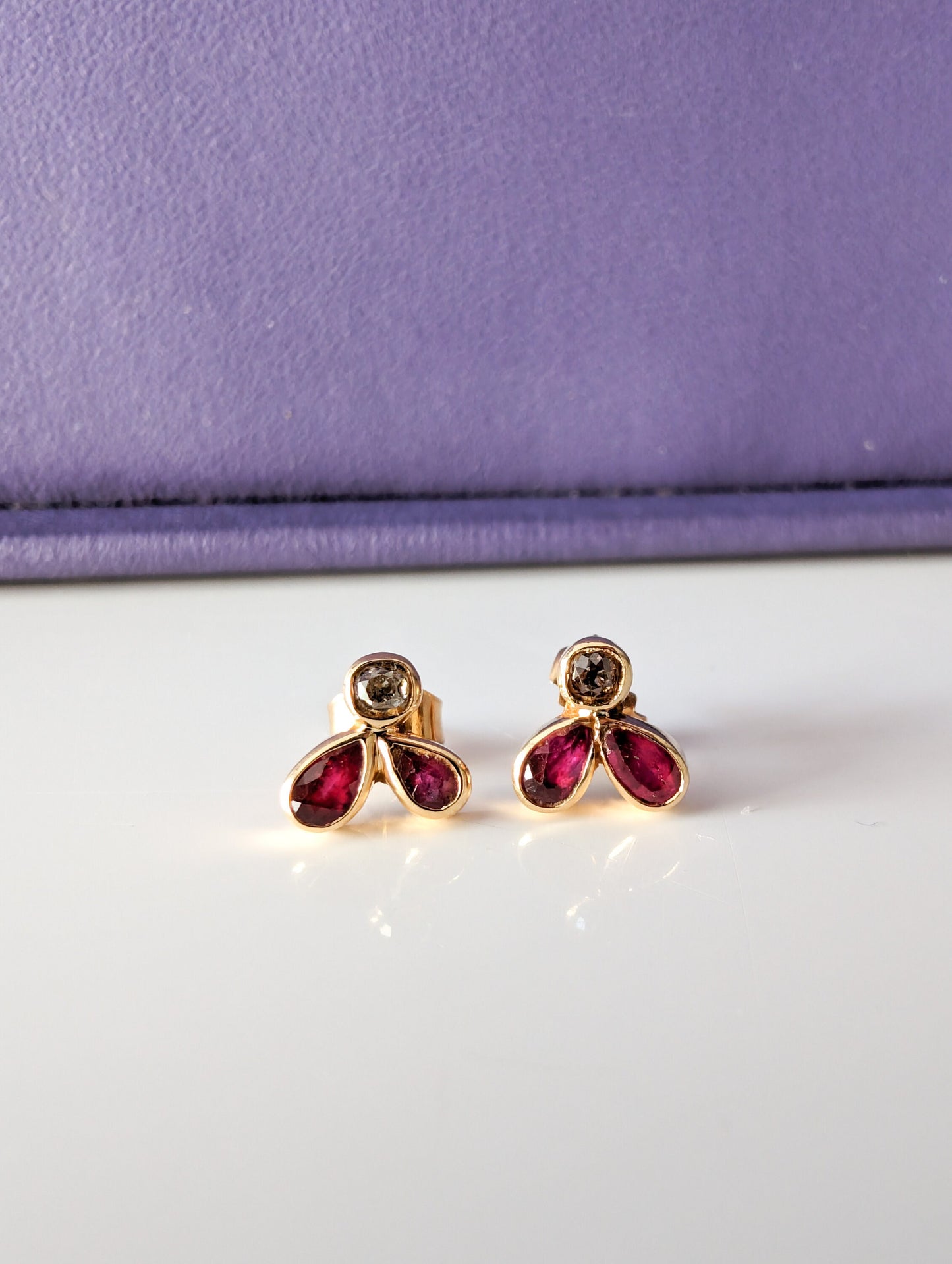 Vintage 18k Gold Ruby &amp; Diamond Stud Earrings