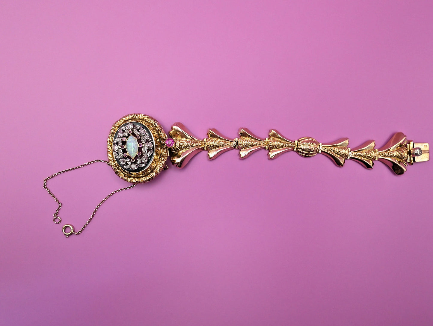 Antique 18K Gold Diamond Opal Ruby Bangle Bracelet: Victorian Napoleon III Era