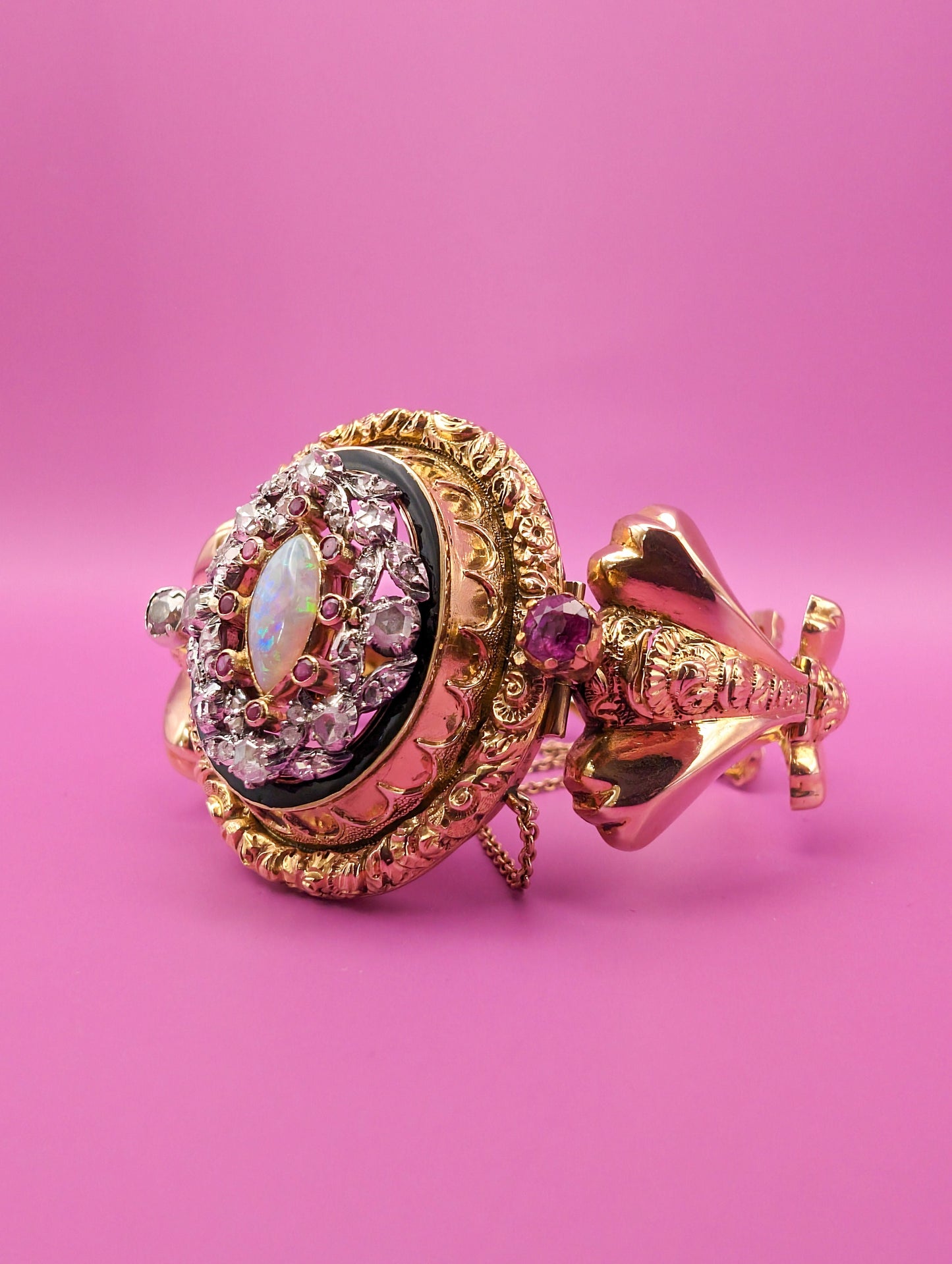 Antique 18K Gold Diamond Opal Ruby Bangle Bracelet: Victorian Napoleon III Era