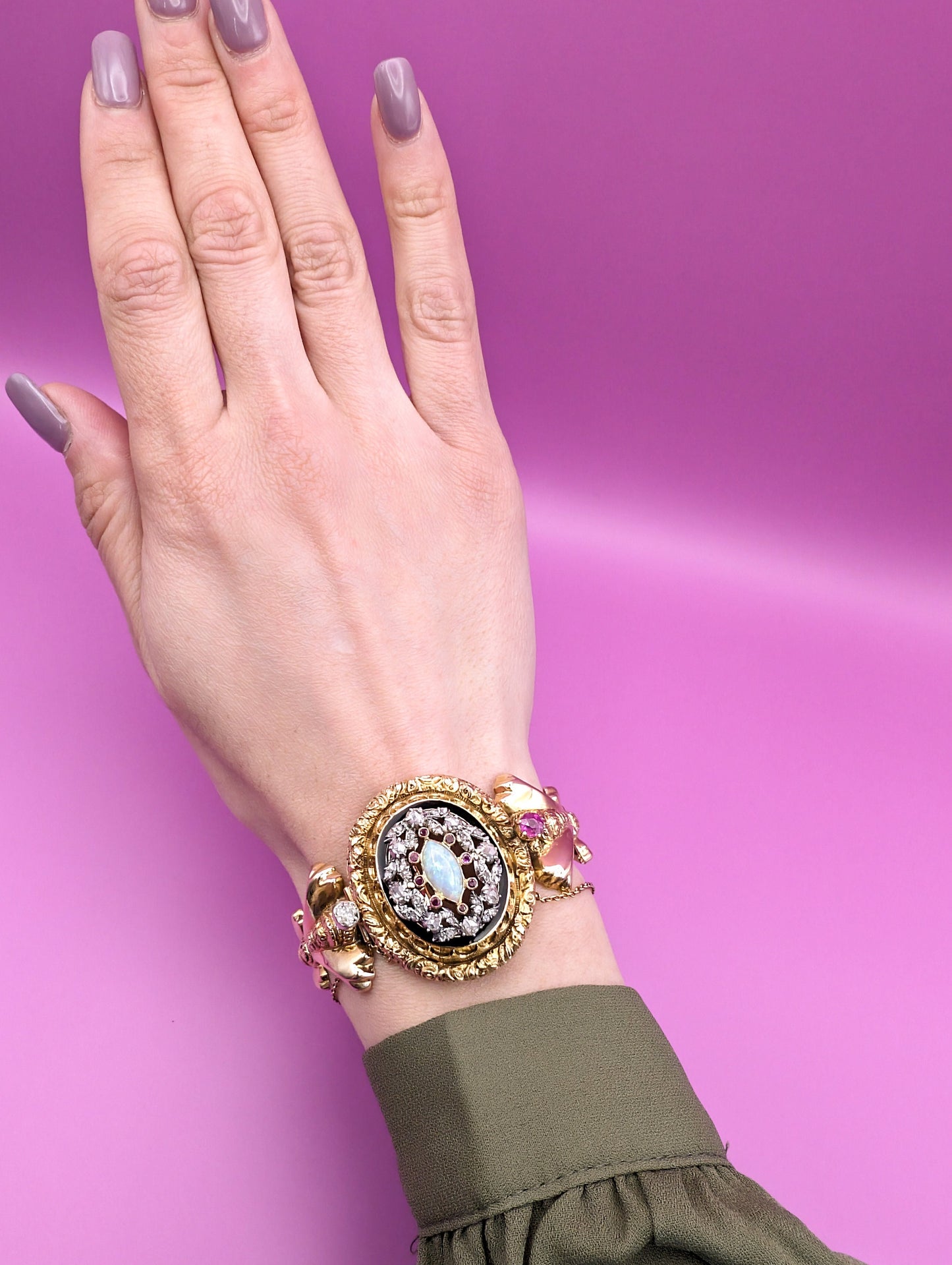 Antique 18K Gold Diamond Opal Ruby Bangle Bracelet: Victorian Napoleon III Era