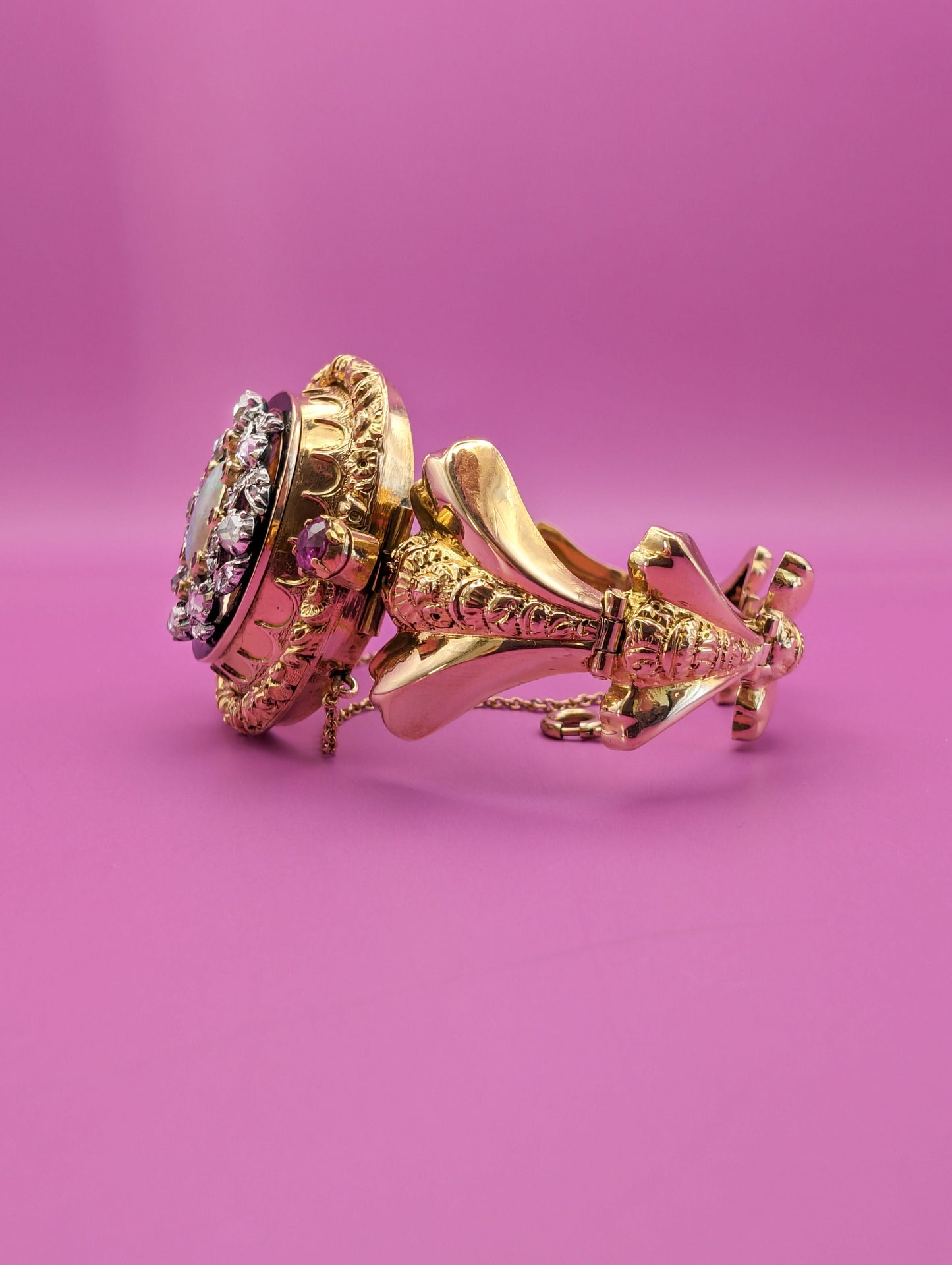 Antique 18K Gold Diamond Opal Ruby Bangle Bracelet: Victorian Napoleon III Era