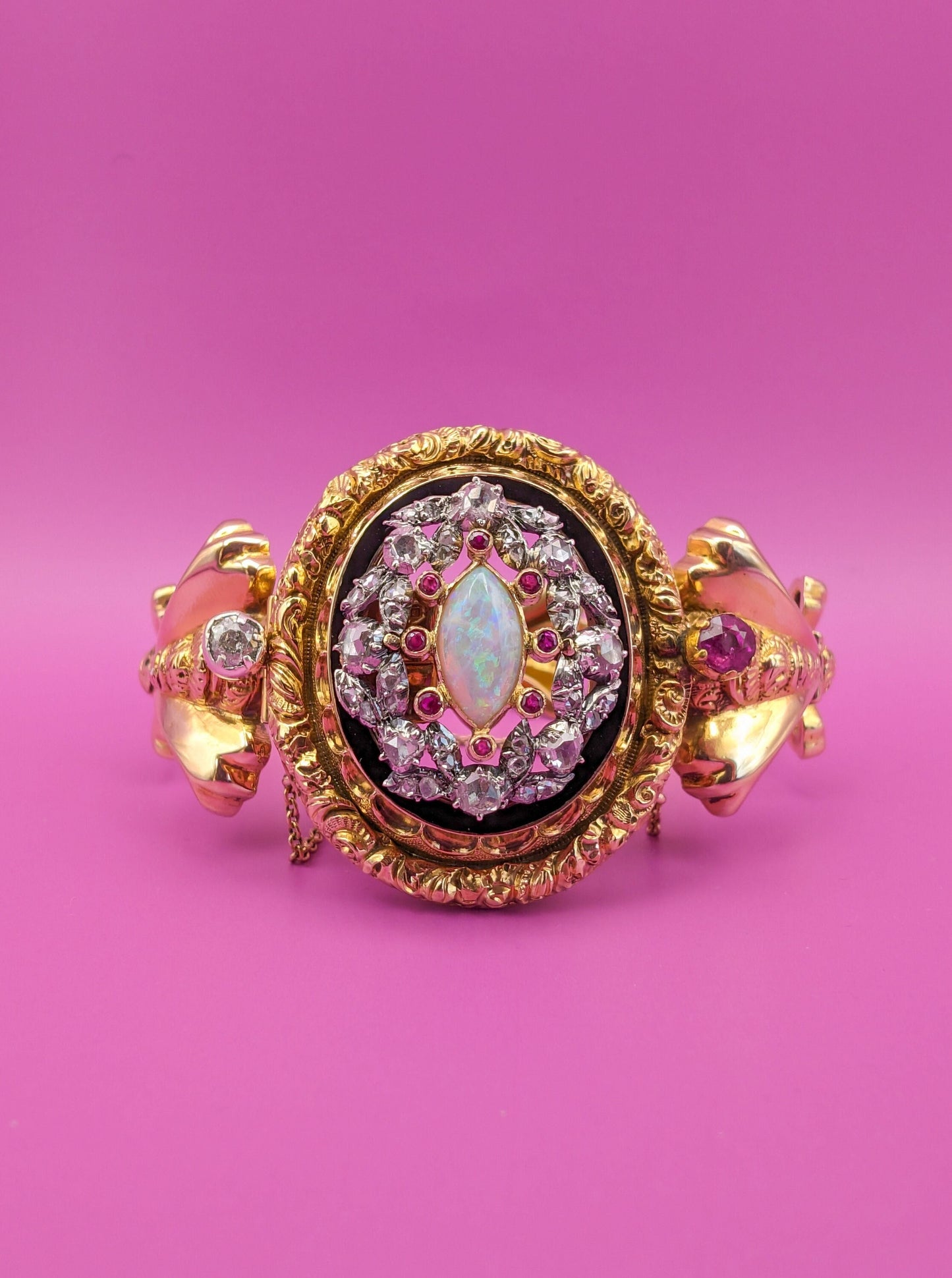 Antique 18K Gold Diamond Opal Ruby Bangle Bracelet: Victorian Napoleon III Era