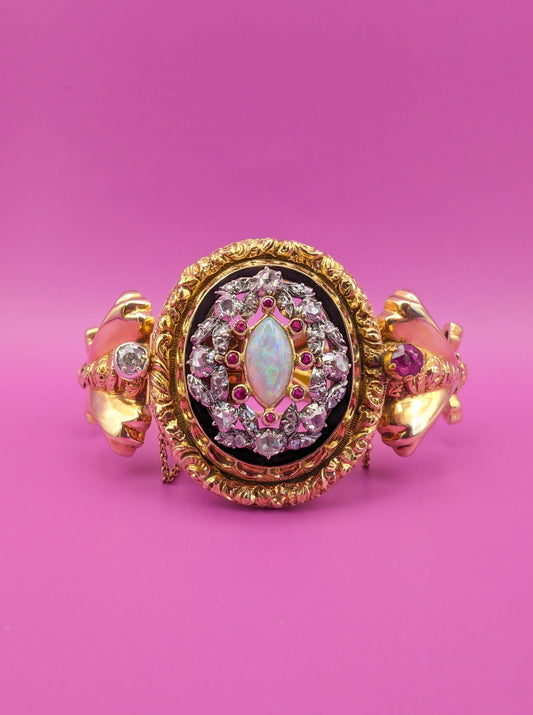 Antique 18K Gold Diamond Opal Ruby Bangle Bracelet: Victorian Napoleon III Era