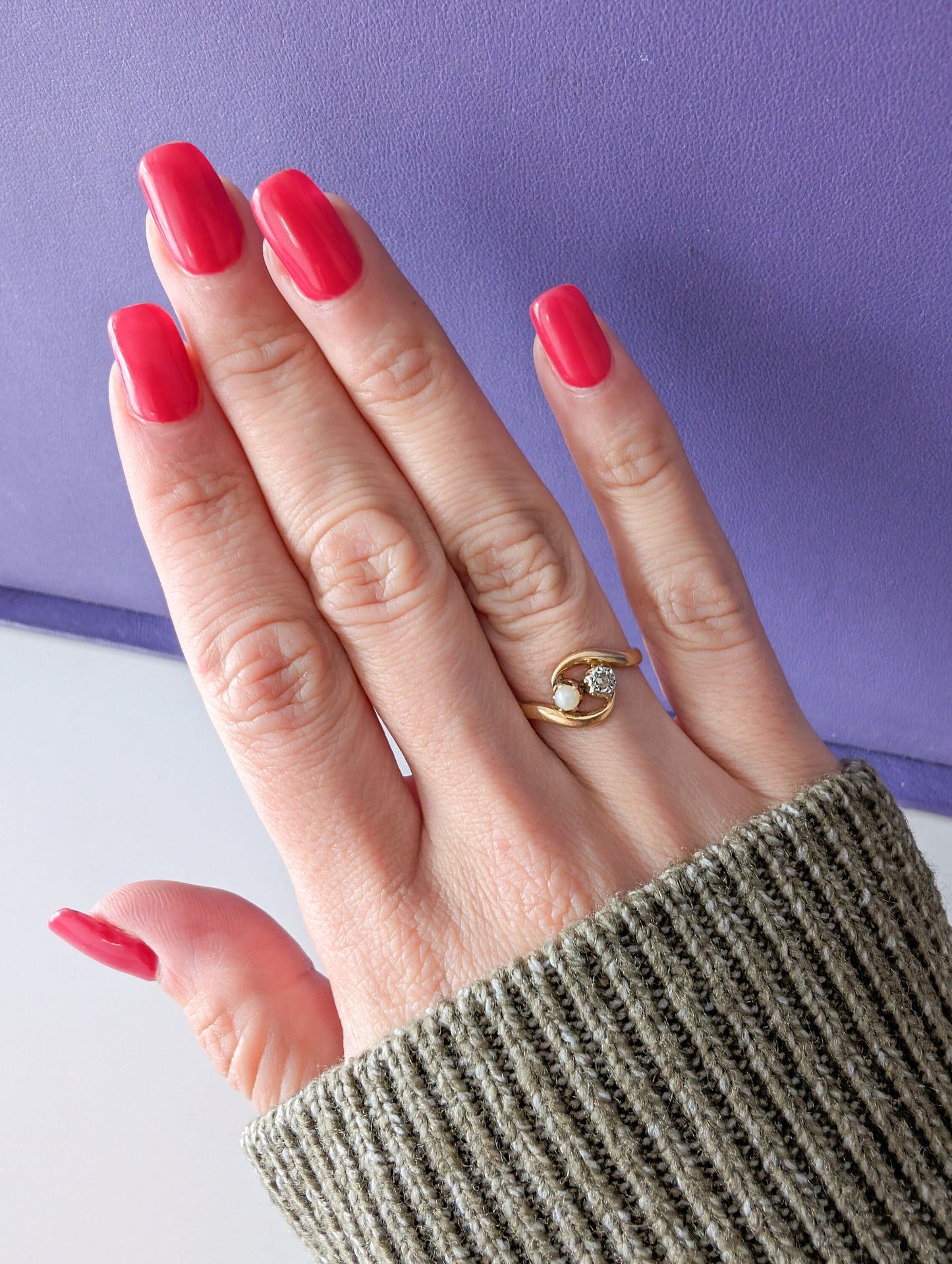 Antique Edwardian 18K Gold Diamond & Pearl Toi et Moi Ring