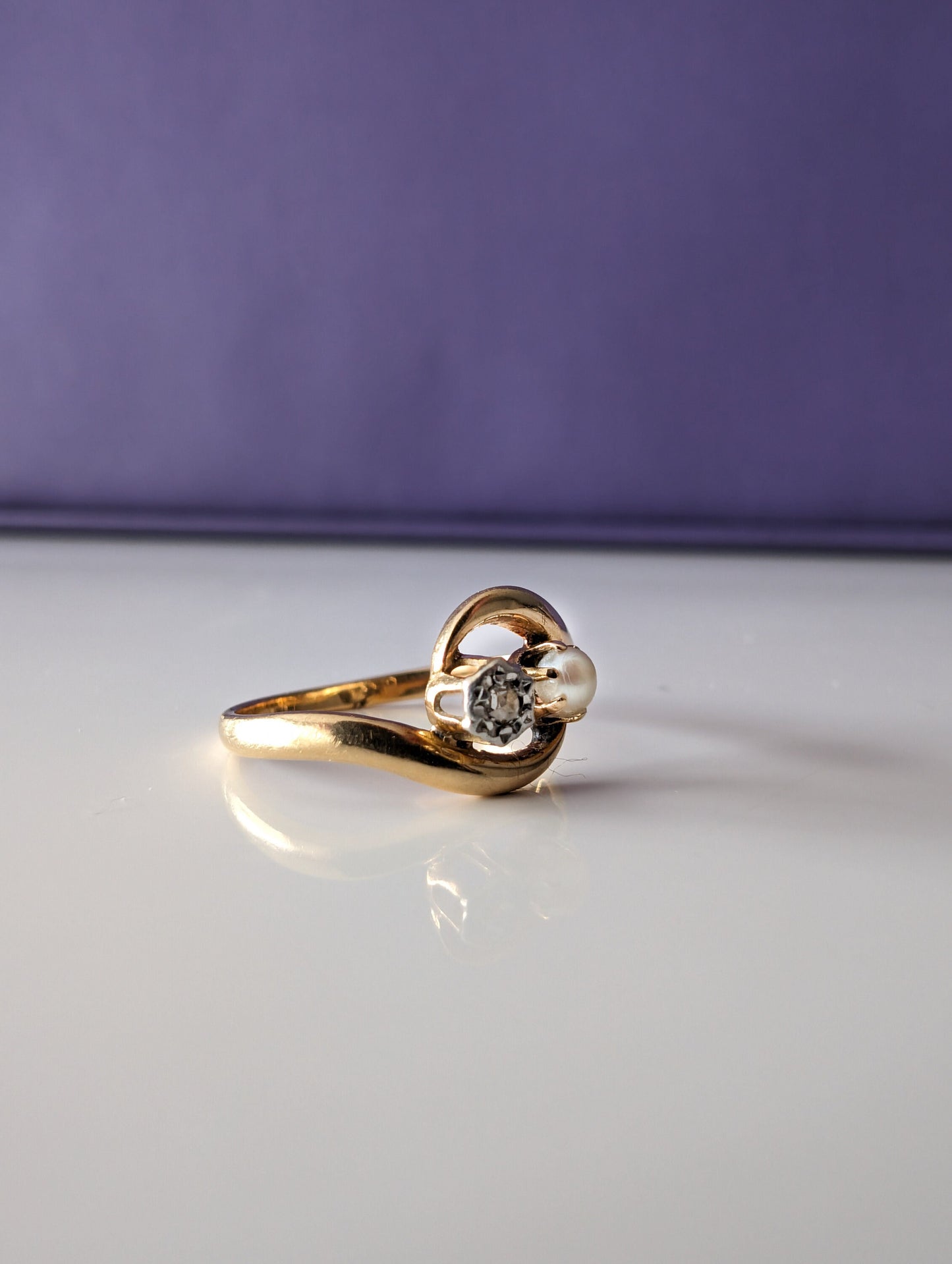 Antique Edwardian 18K Gold Diamond & Pearl Toi et Moi Ring