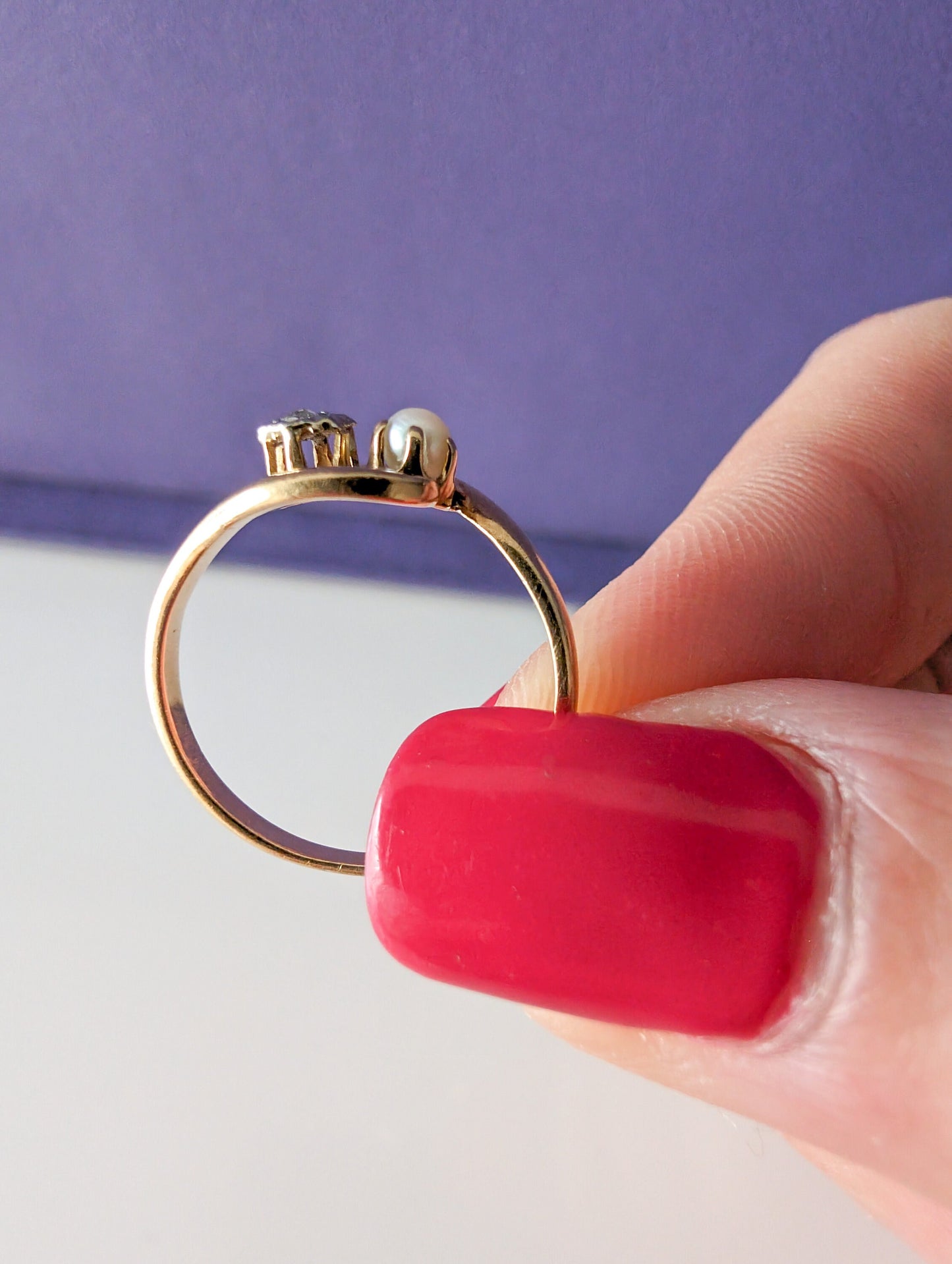 Antique Edwardian 18K Gold Diamond & Pearl Toi et Moi Ring