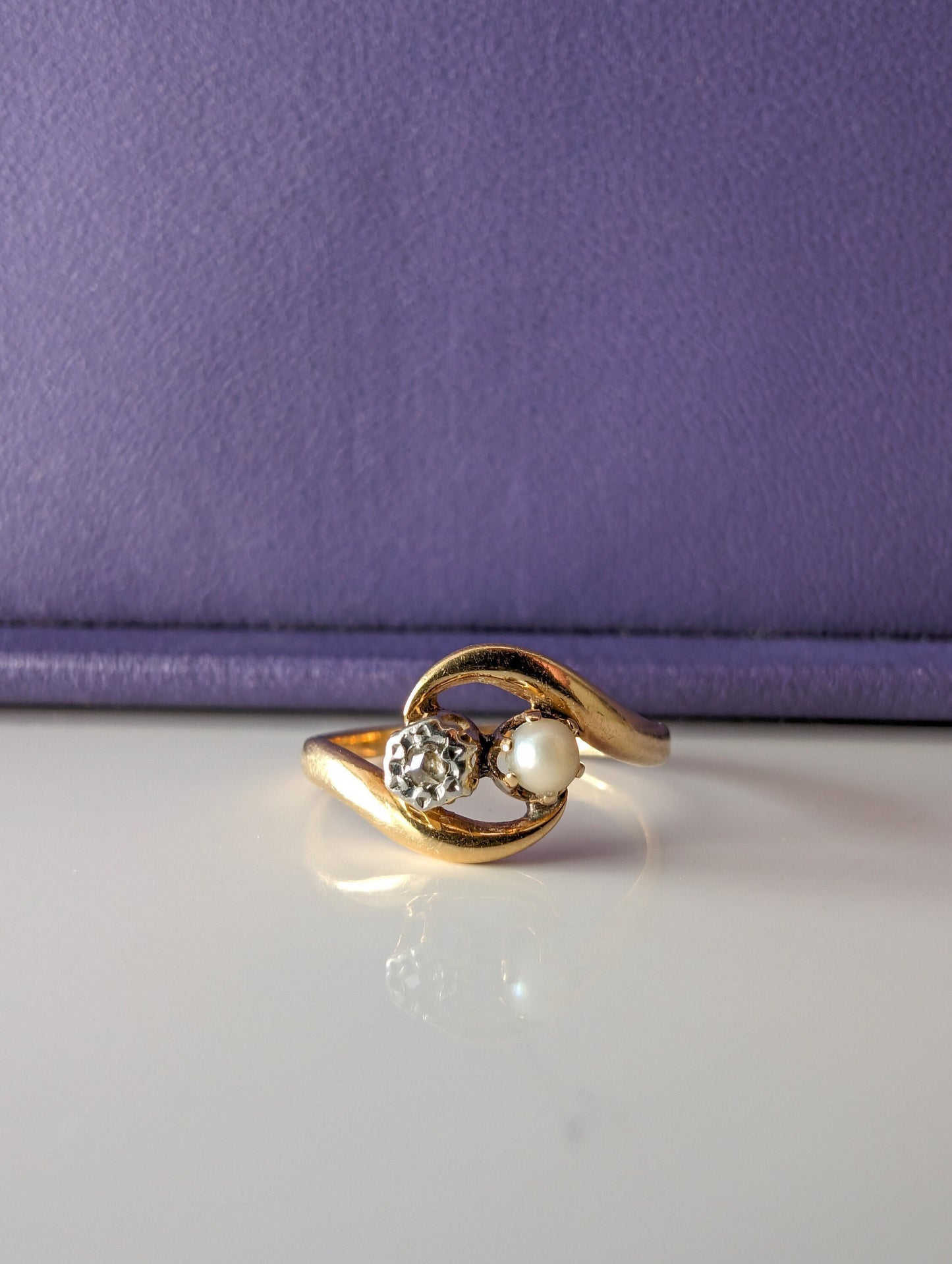 Antique Edwardian 18K Gold Diamond & Pearl Toi et Moi Ring