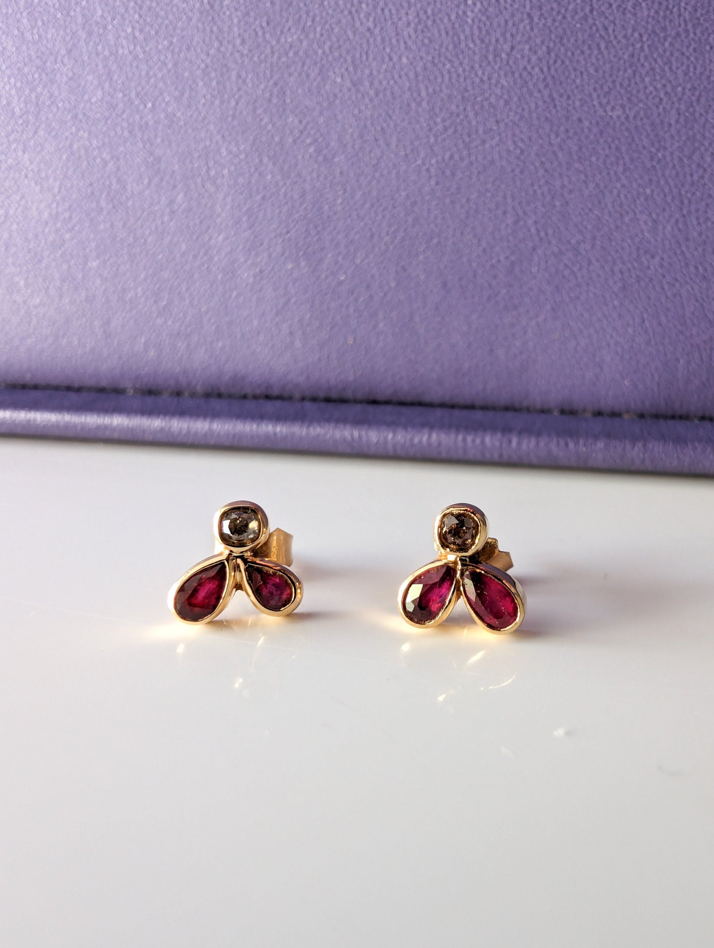 Vintage 18k Gold Ruby &amp; Diamond Stud Earrings