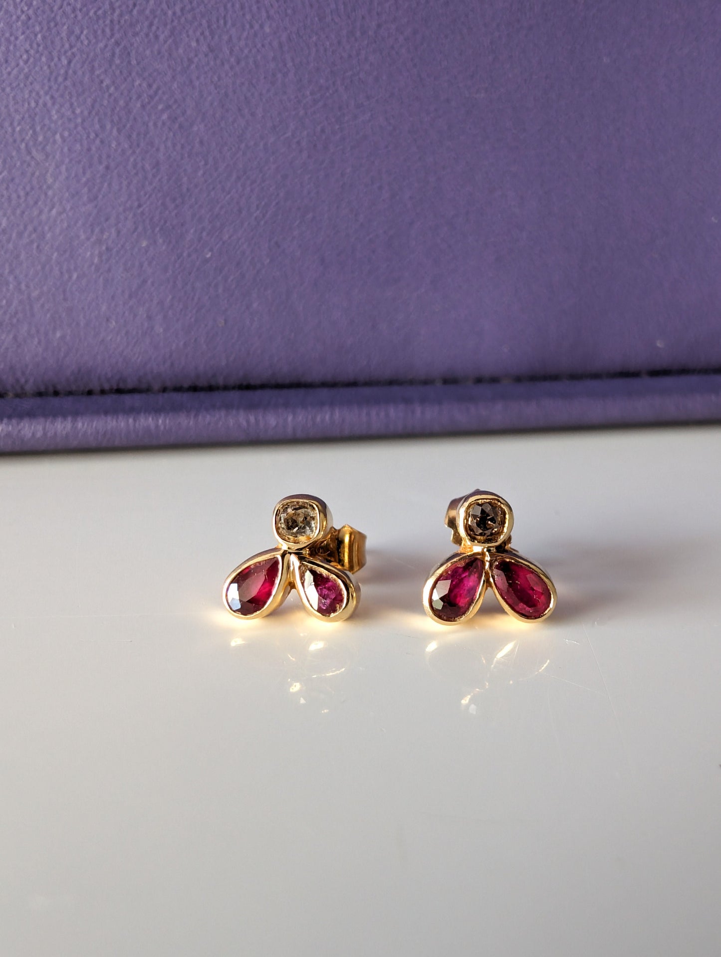 Vintage 18k Gold Ruby &amp; Diamond Stud Earrings
