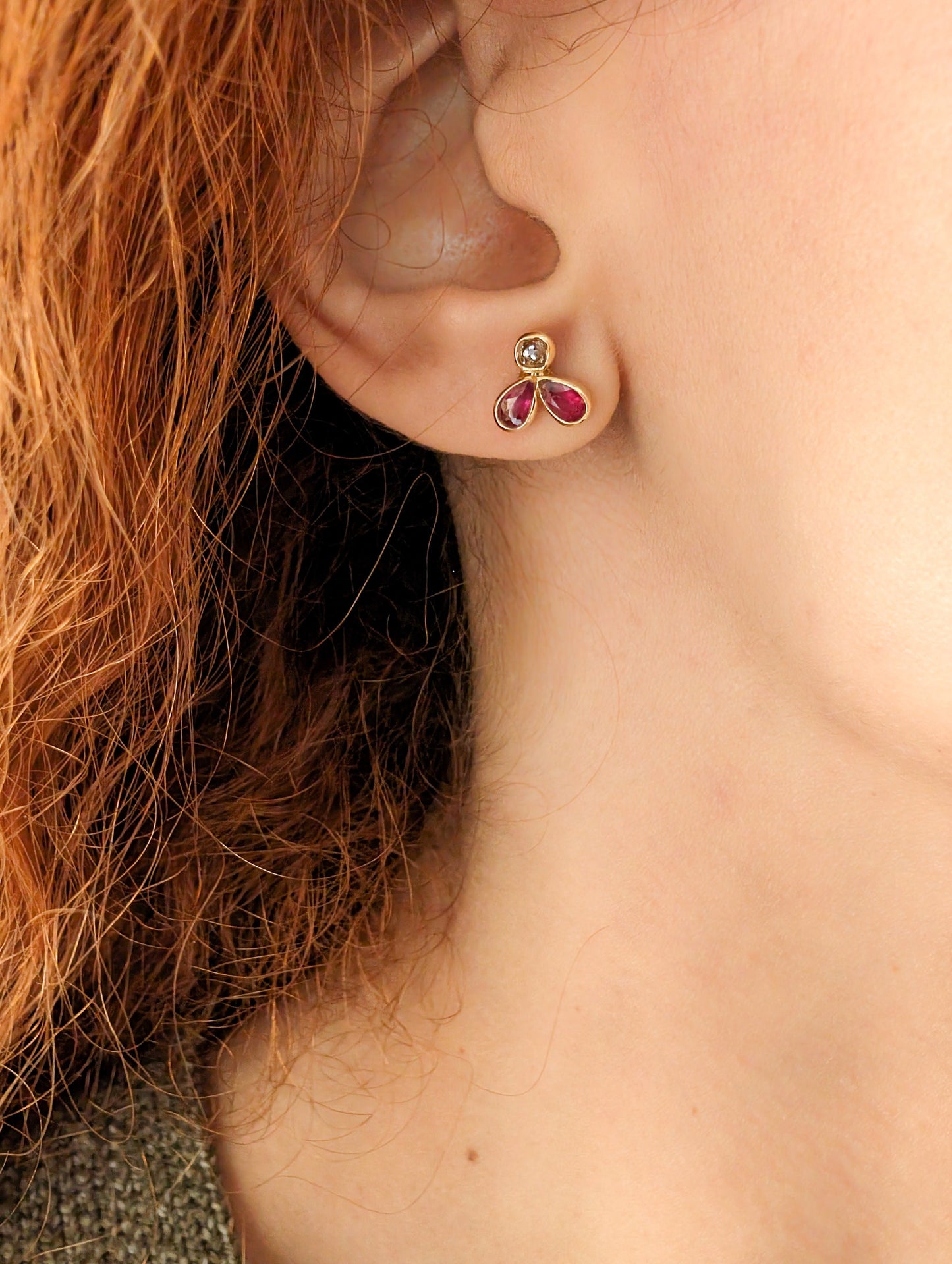 Vintage 18k Gold Ruby &amp; Diamond Stud Earrings