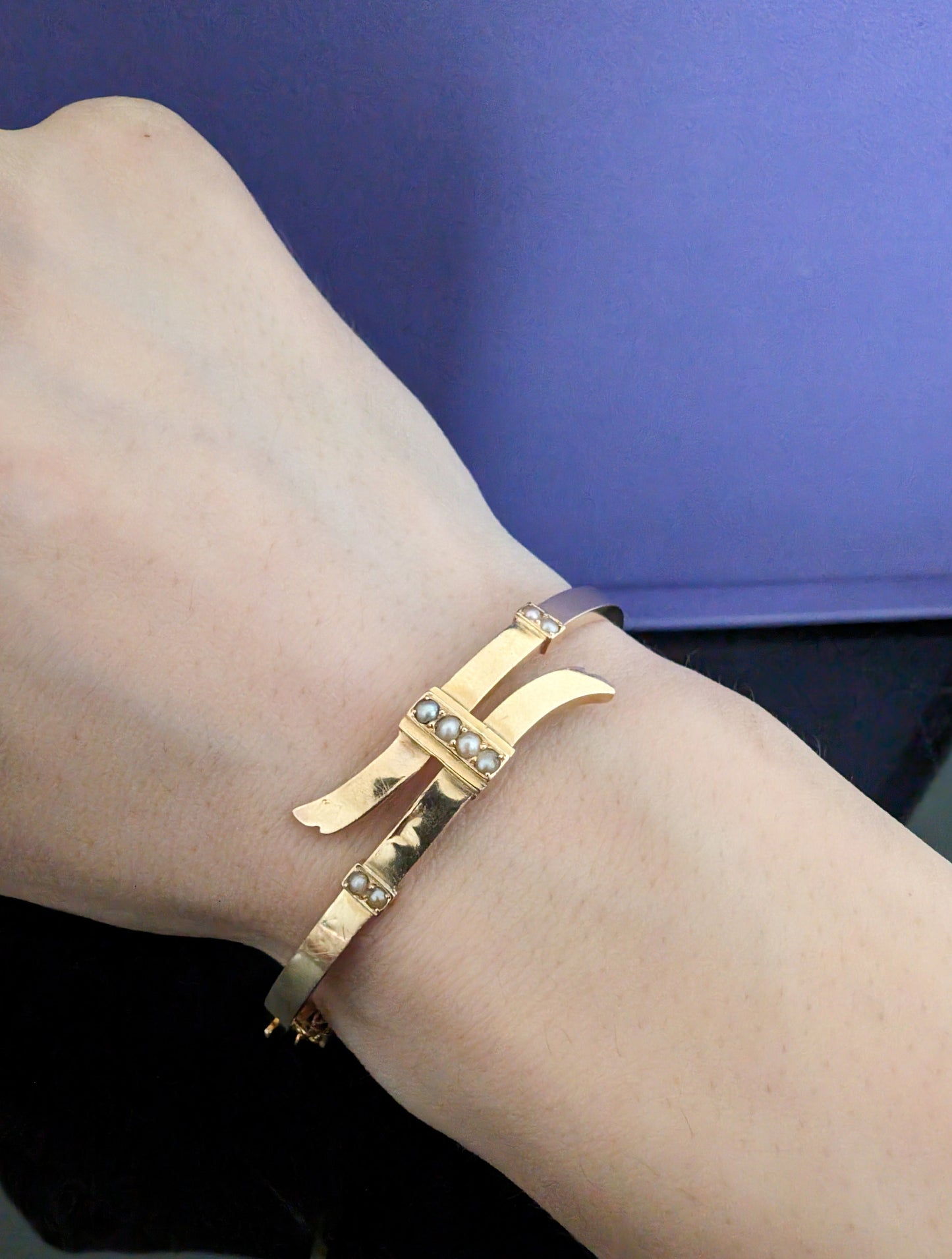 Antique 18K Gold Bangle Bracelet: Victorian Pearl Napoleon III Era