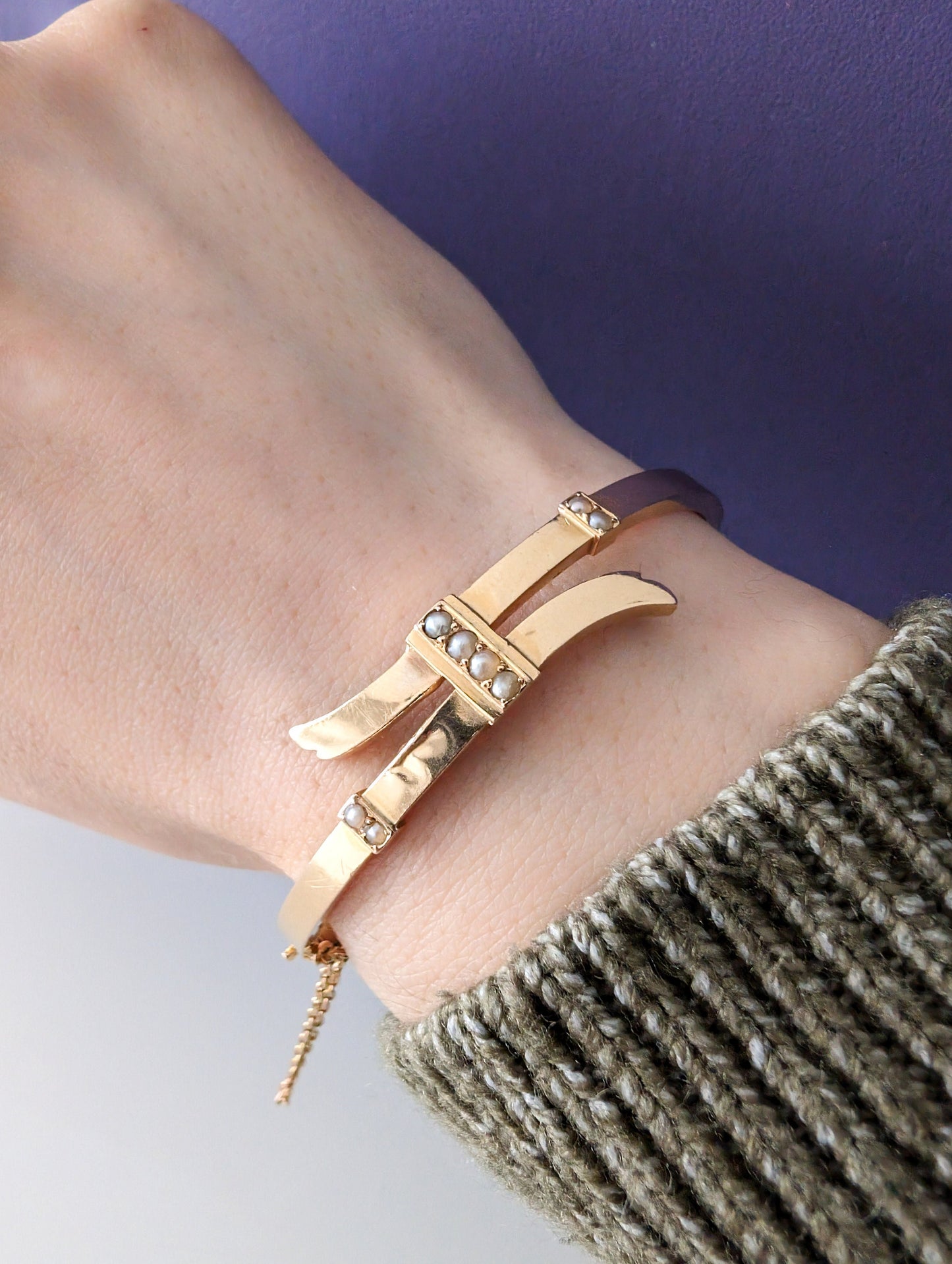 Antique 18K Gold Bangle Bracelet: Victorian Pearl Napoleon III Era