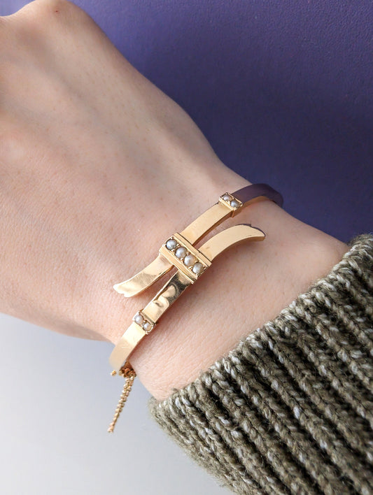 Antique 18K Gold Bangle Bracelet: Victorian Pearl Napoleon III Era