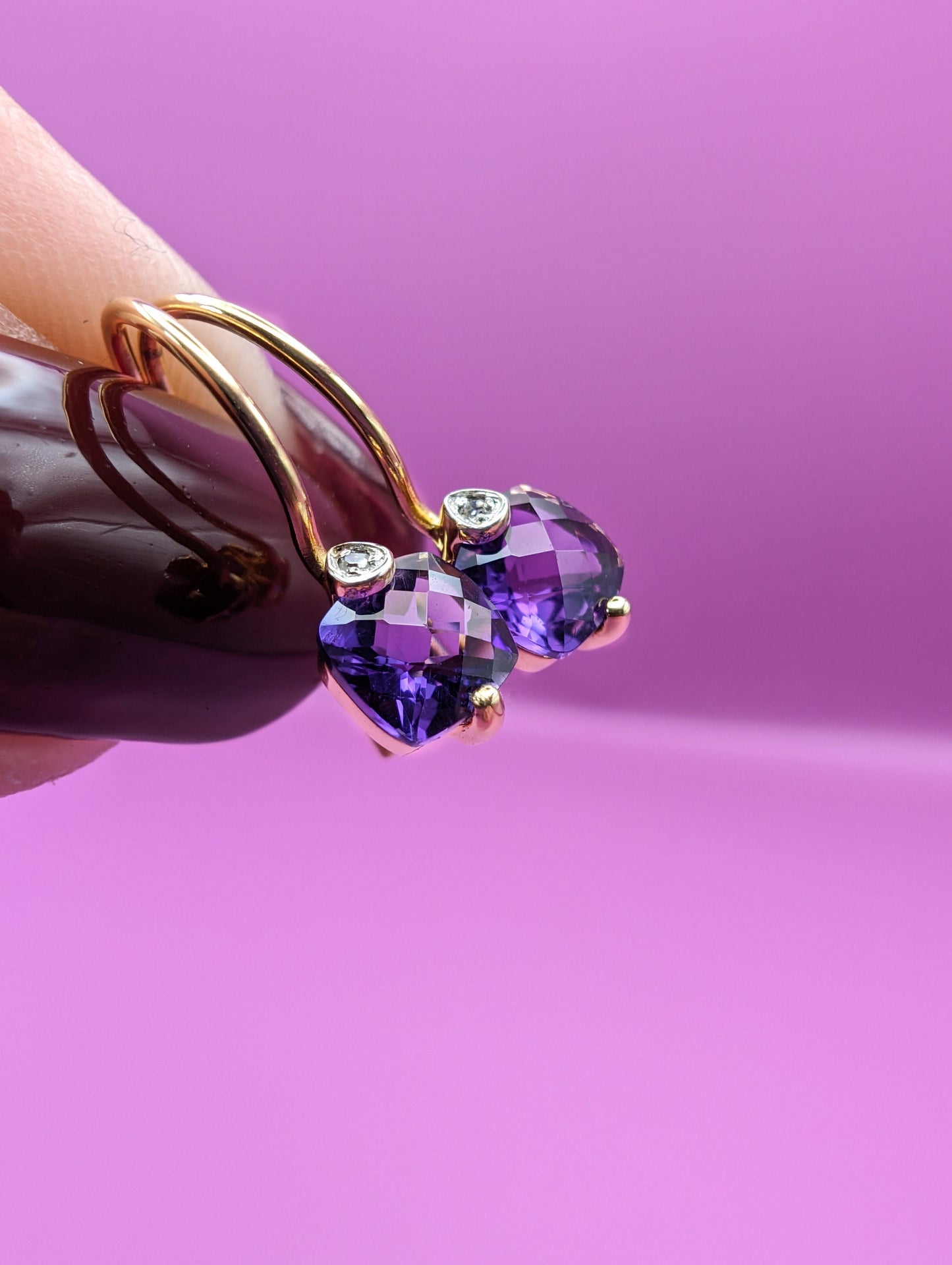 Vintage 18k Gold Amethyst Diamond Dangle Earrings