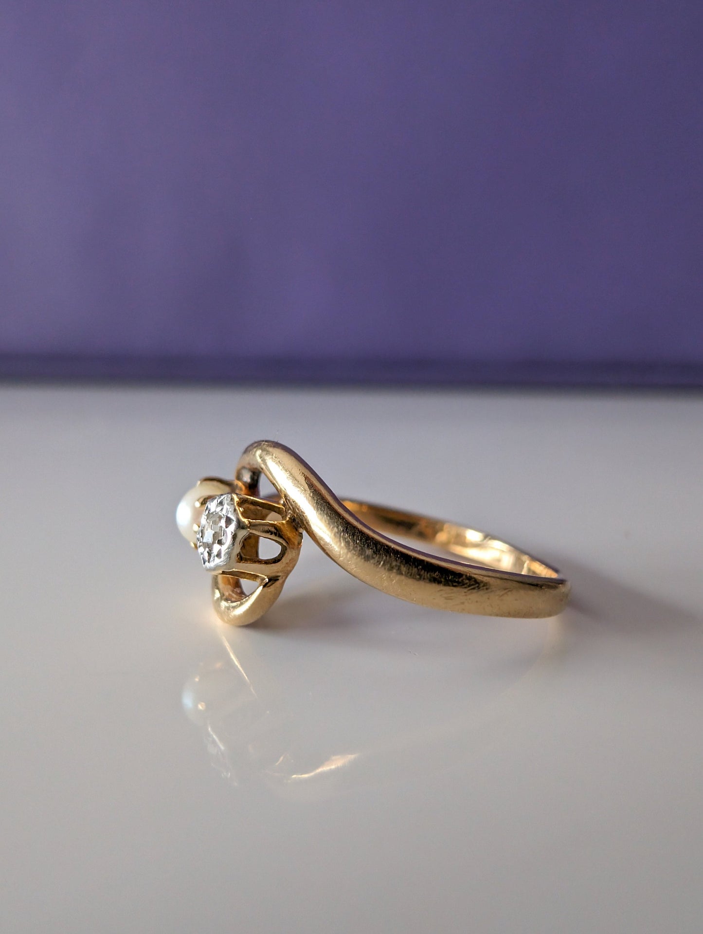 Antique Edwardian 18K Gold Diamond & Pearl Toi et Moi Ring