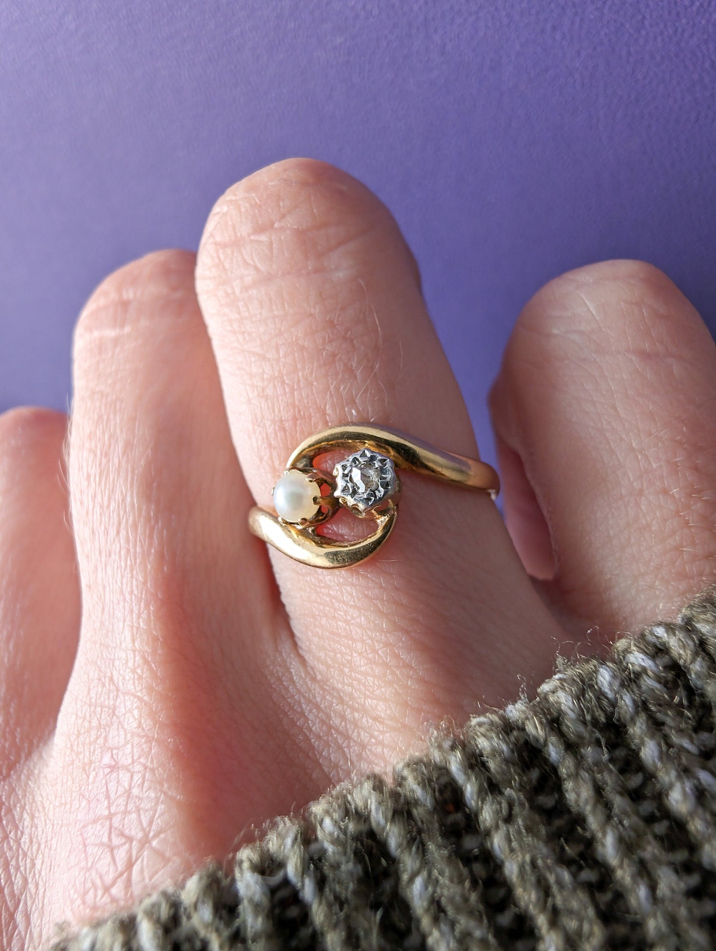 Antique Edwardian 18K Gold Diamond & Pearl Toi et Moi Ring