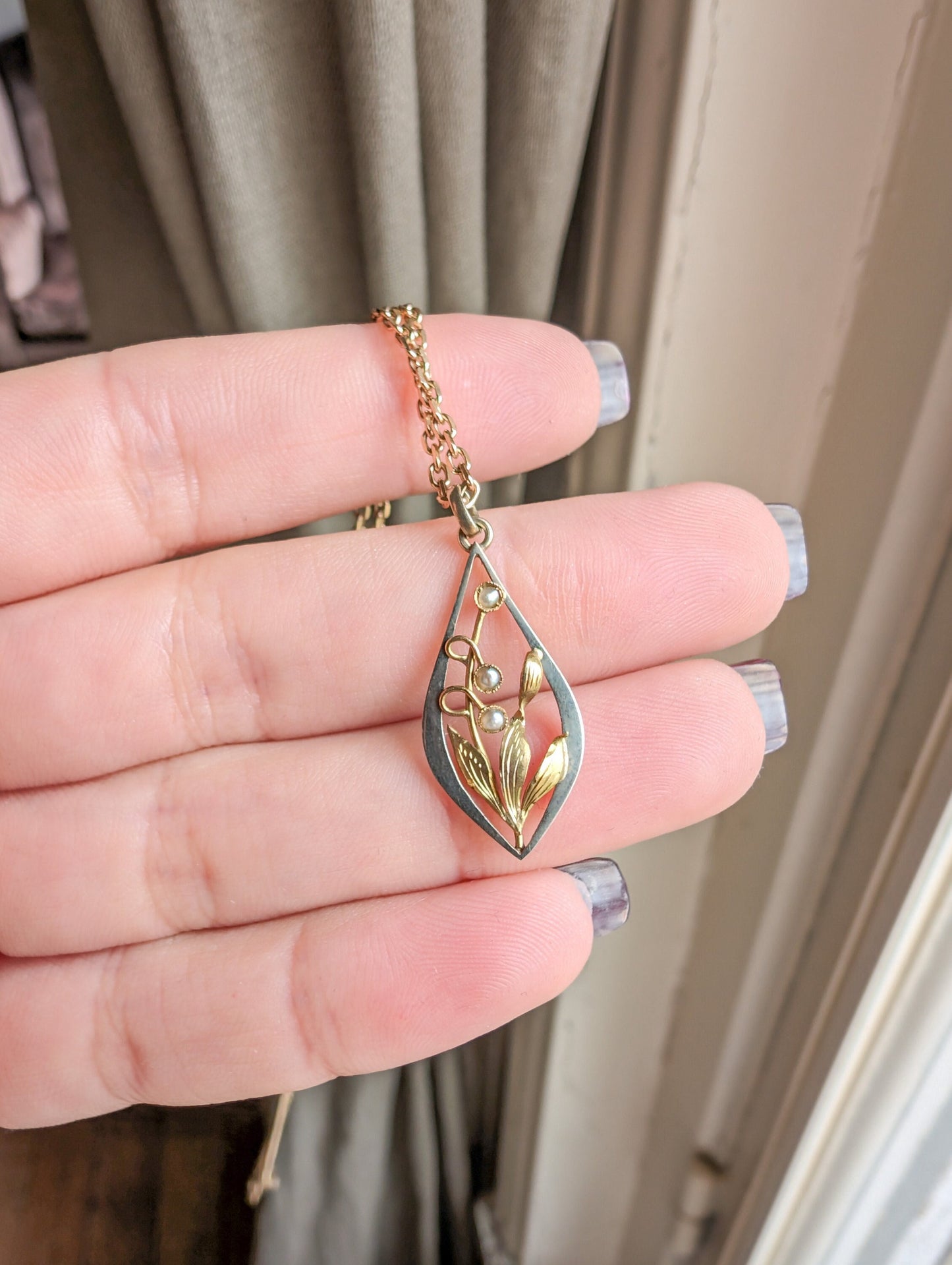 18K Gold Art Nouveau Pearl Pendant: Antique French Floral Jewelry