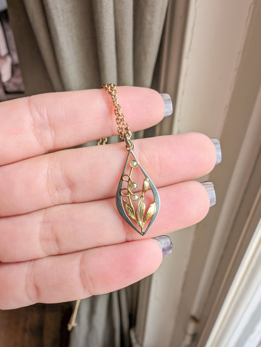 18K Gold Art Nouveau Pearl Pendant: Antique French Floral Jewelry