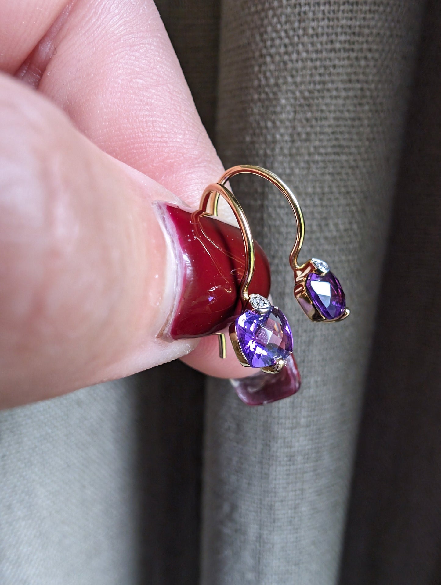 Vintage 18k Gold Amethyst Diamond Dangle Earrings