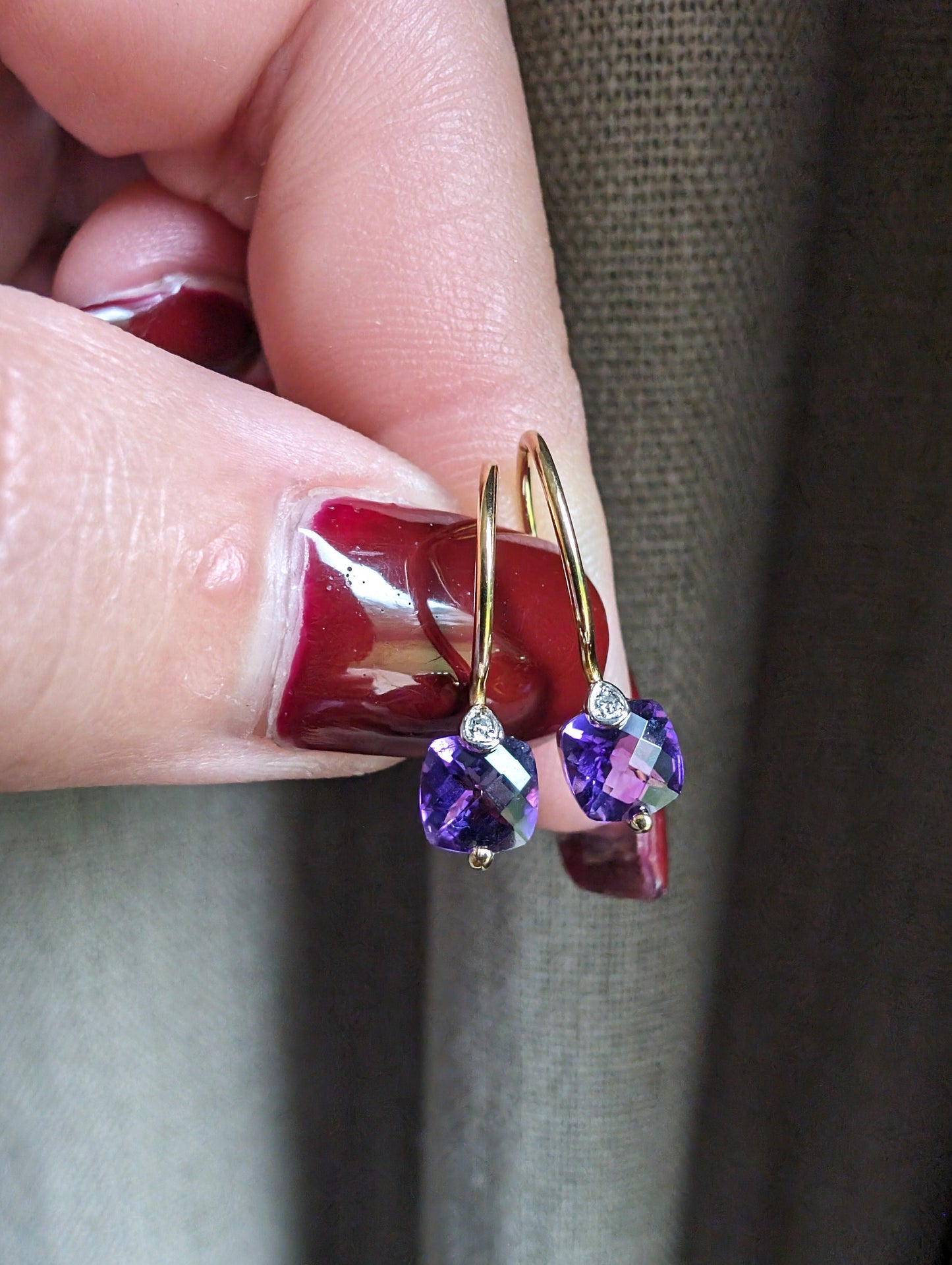 Vintage 18k Gold Amethyst Diamond Dangle Earrings