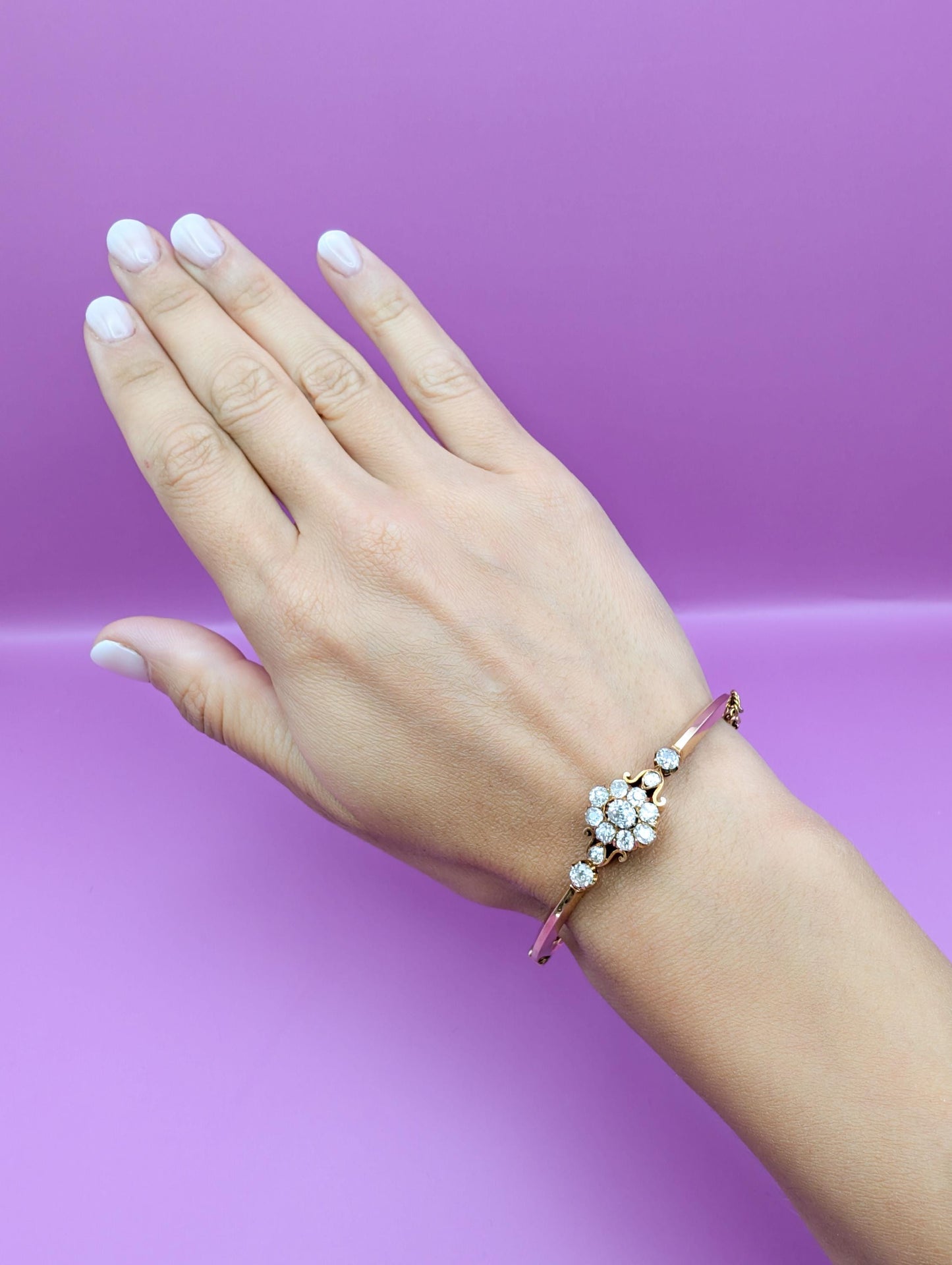 Antique 14K Rose Gold Diamond Bangle Bracelet: French Edwardian Jewelry