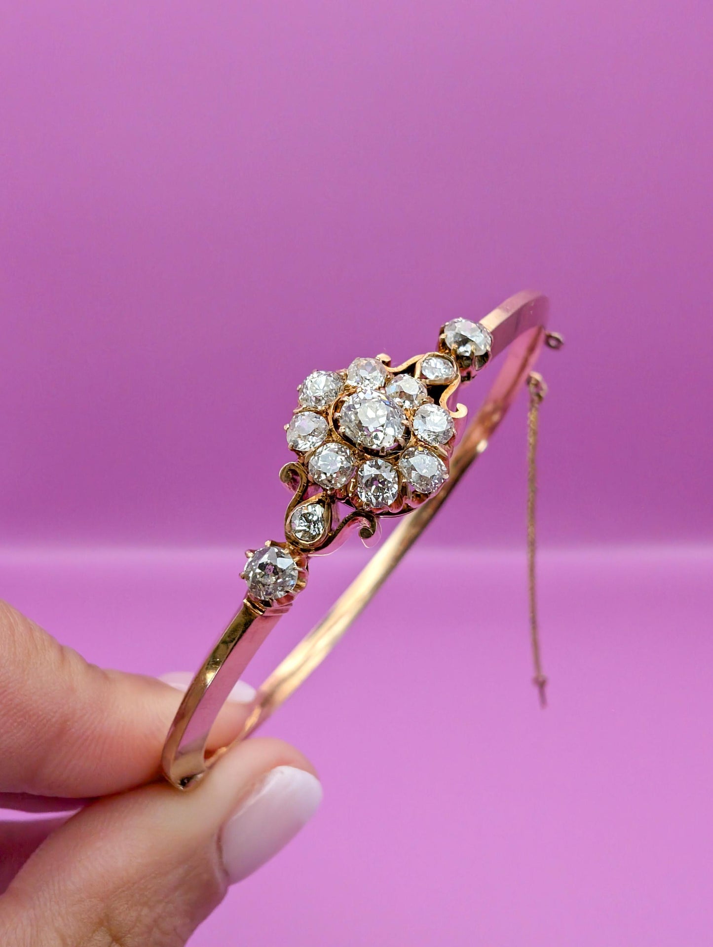 Antique 14K Rose Gold Diamond Bangle Bracelet: French Edwardian Jewelry