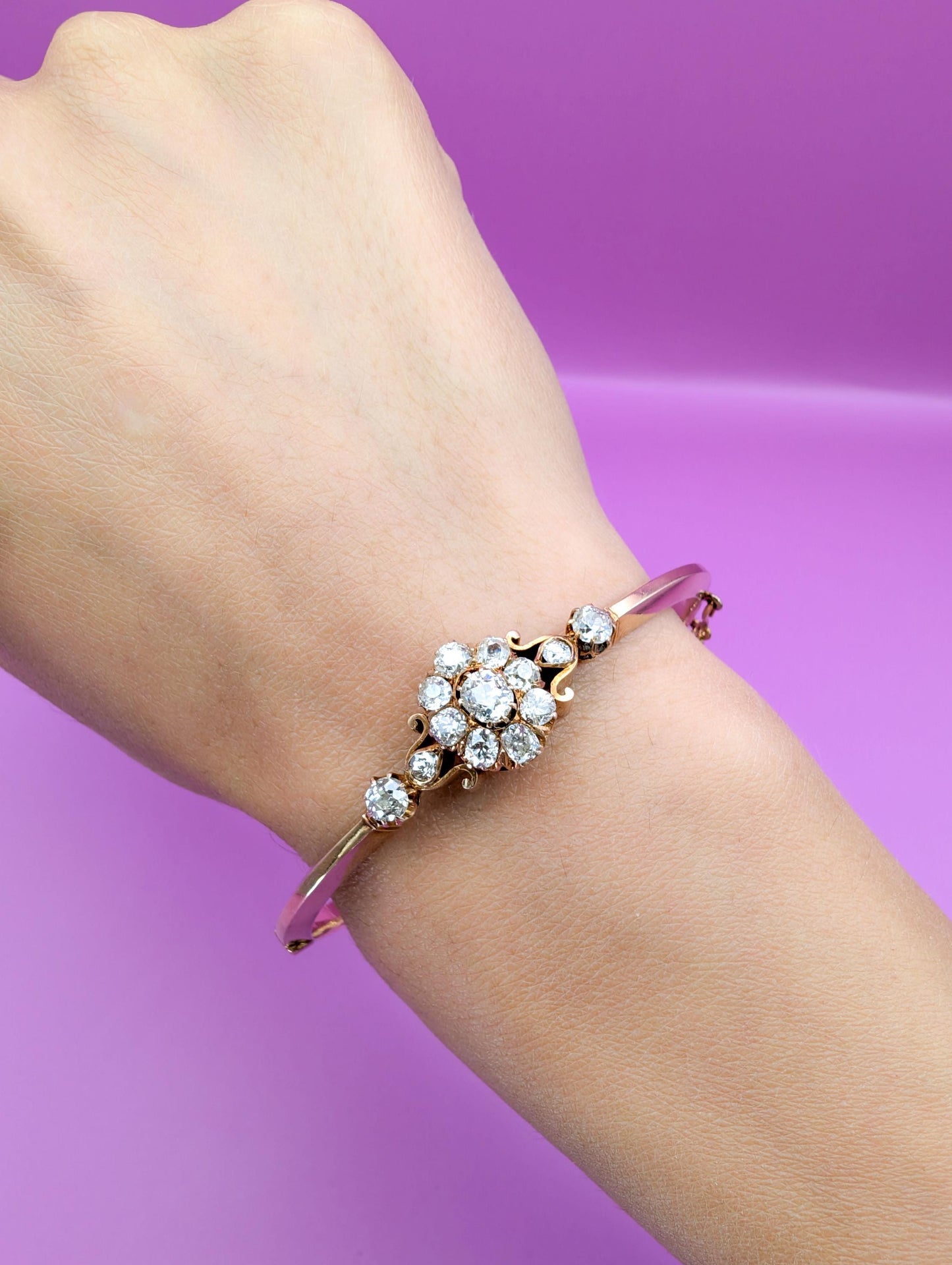Antique 14K Rose Gold Diamond Bangle Bracelet: French Edwardian Jewelry