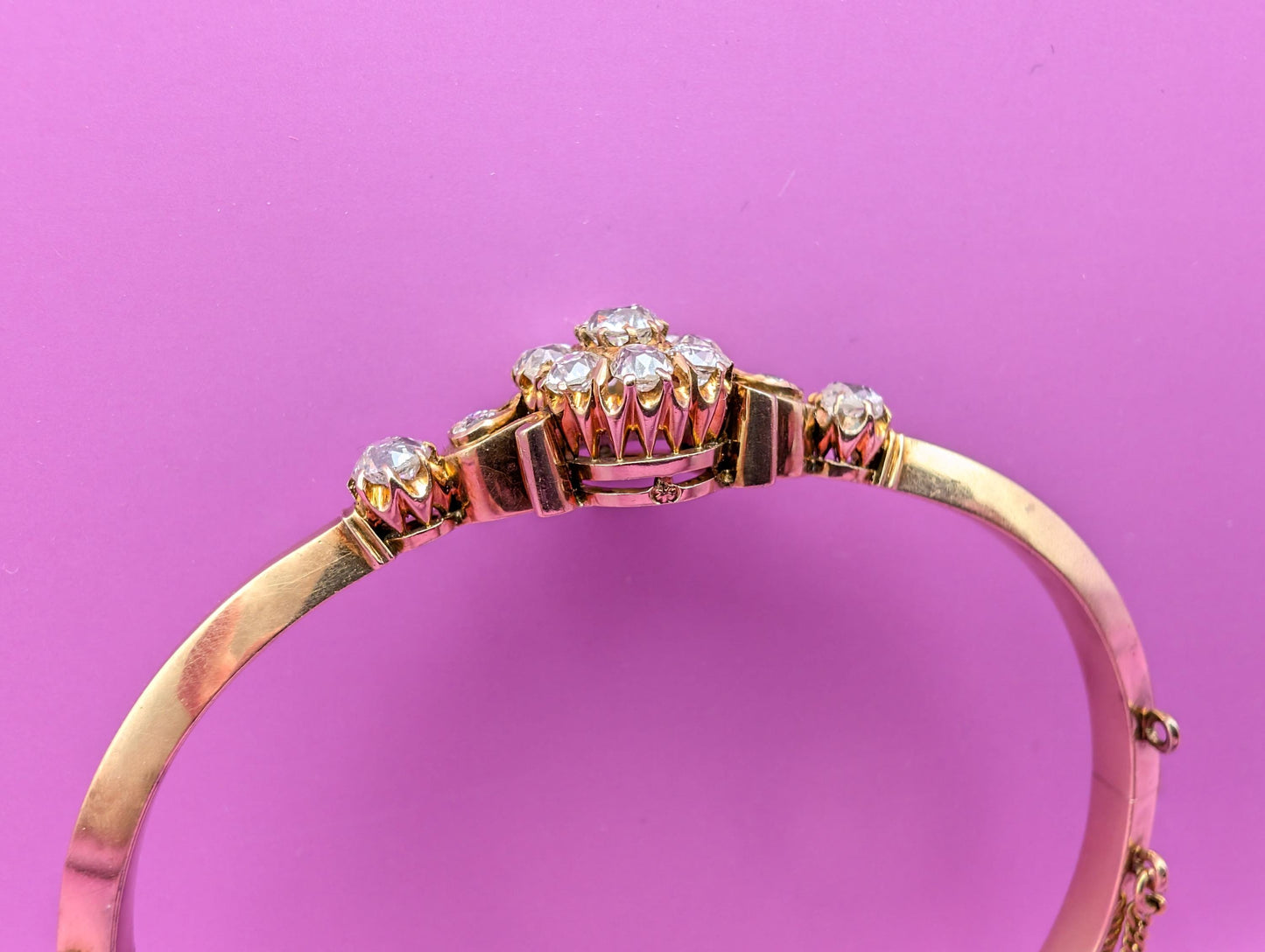 Antique 14K Rose Gold Diamond Bangle Bracelet: French Edwardian Jewelry
