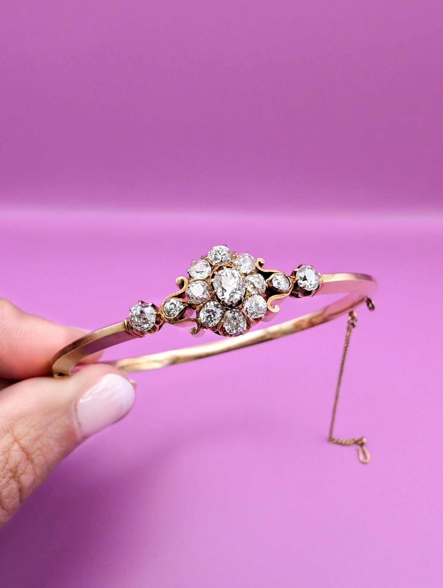 Antique 14K Rose Gold Diamond Bangle Bracelet: French Edwardian Jewelry