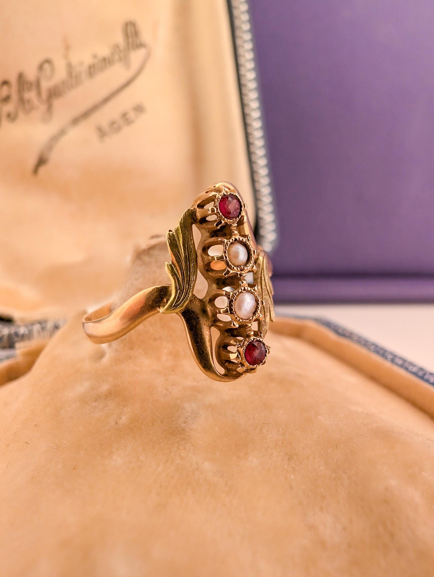 Antique 18K Gold Art Nouveau Ring: Garnet & Pearl French Ring