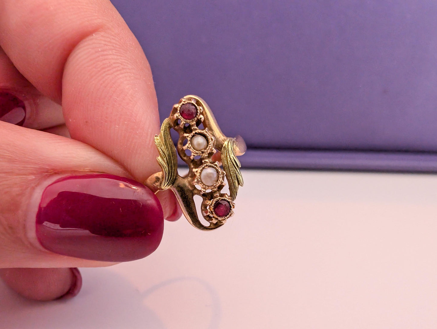 Antique 18K Gold Art Nouveau Ring: Garnet & Pearl French Ring
