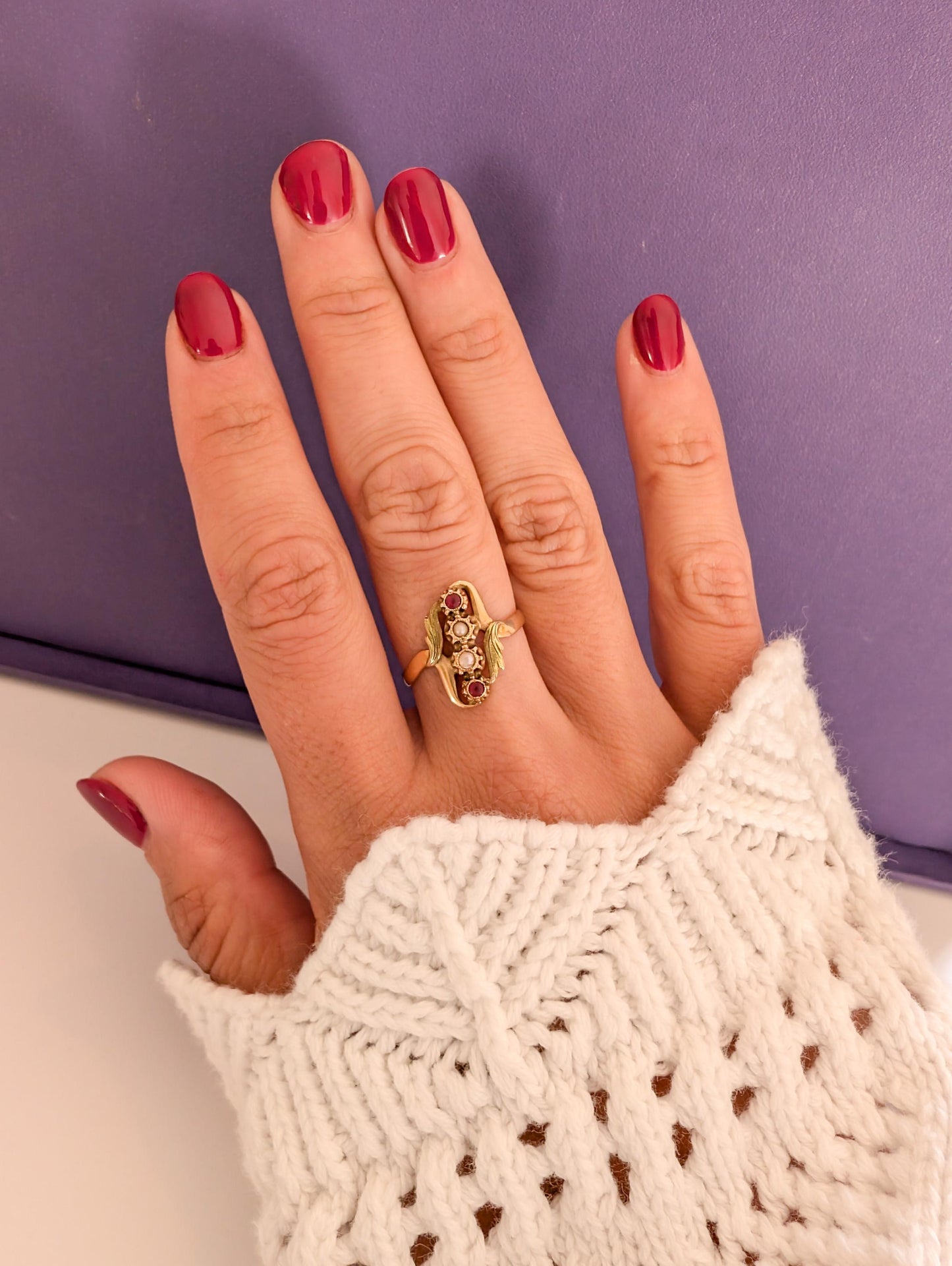 Antique 18K Gold Art Nouveau Ring: Garnet & Pearl French Ring