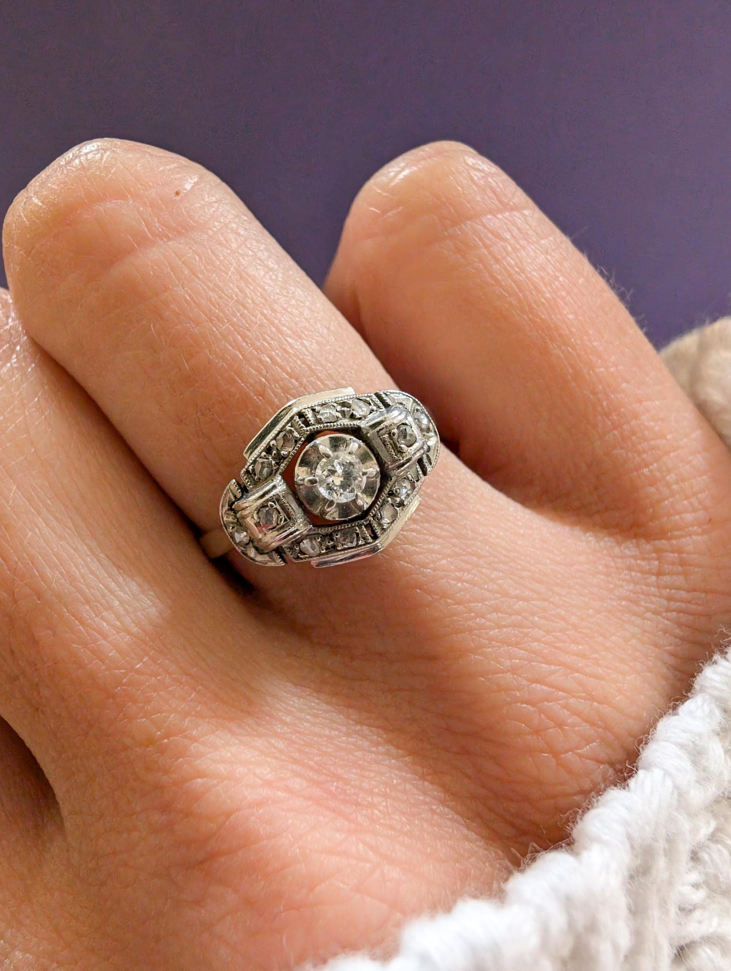 Art Deco Diamond Engagement Ring: 18K Gold & Platinum, French Antique Ring