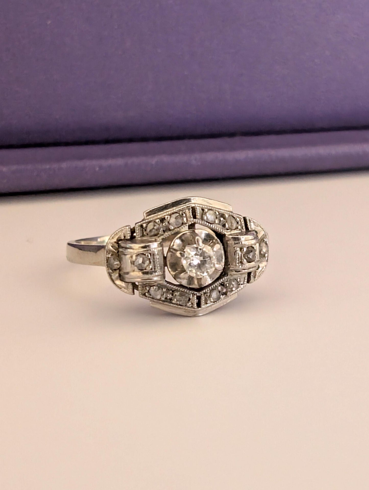 Art Deco Diamond Engagement Ring: 18K Gold & Platinum, French Antique Ring